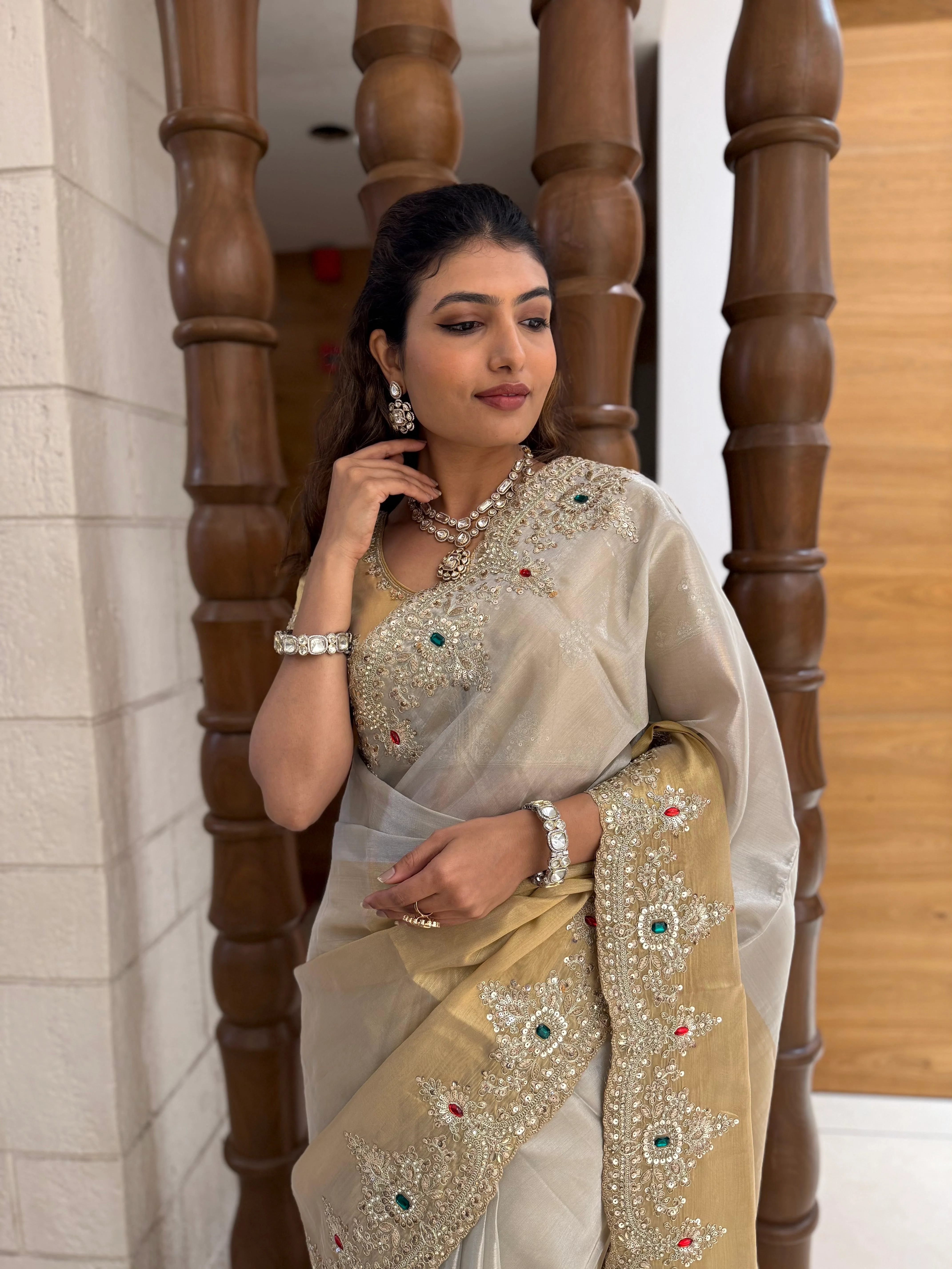 Ivory and Gold Embroidered Silk Saree with Matching Blouse - Image 6