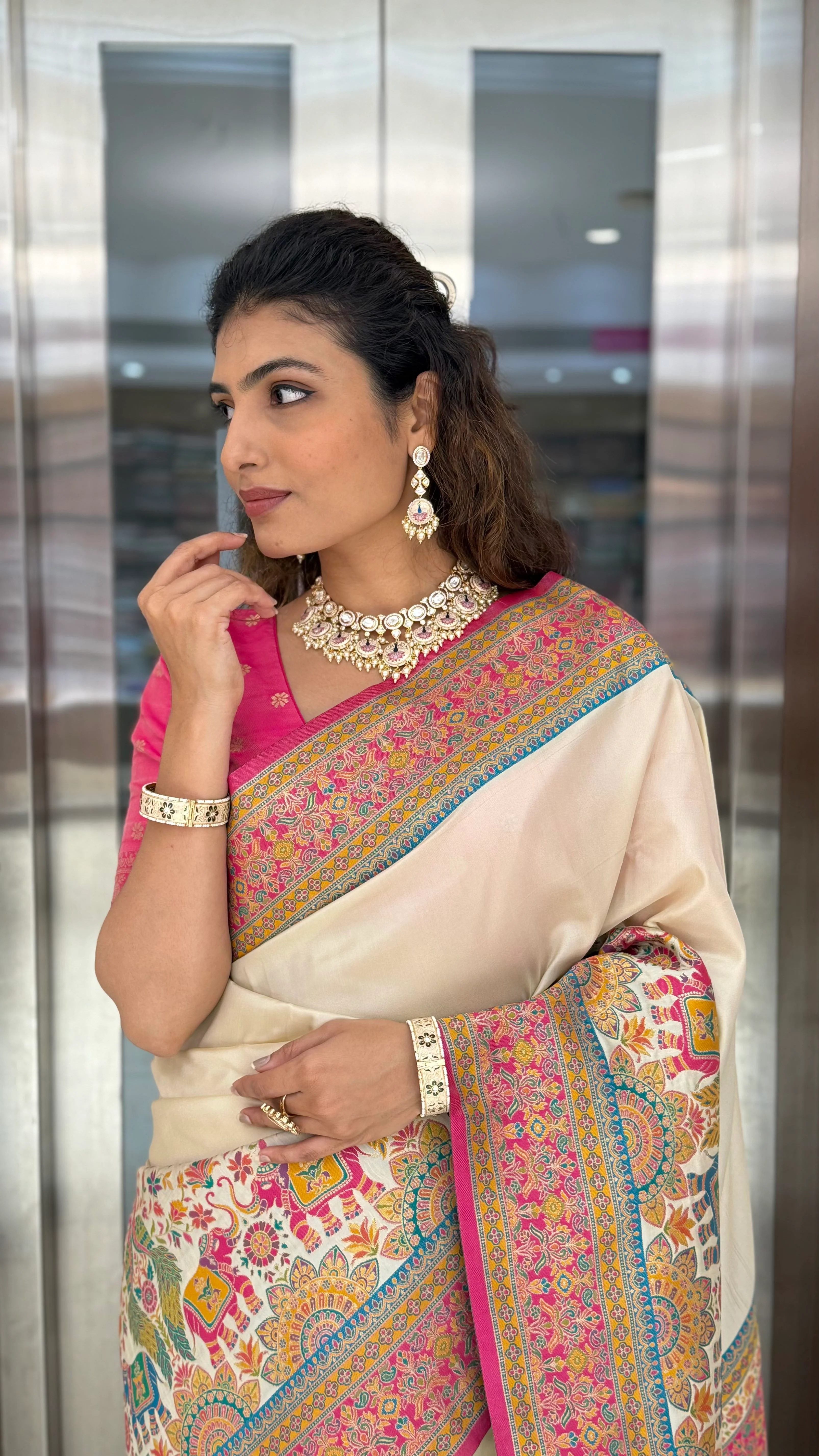 Ivory Banarasi Silk Saree with Multicolor Meenakari Weave & Contrast Pink Border - Image 2
