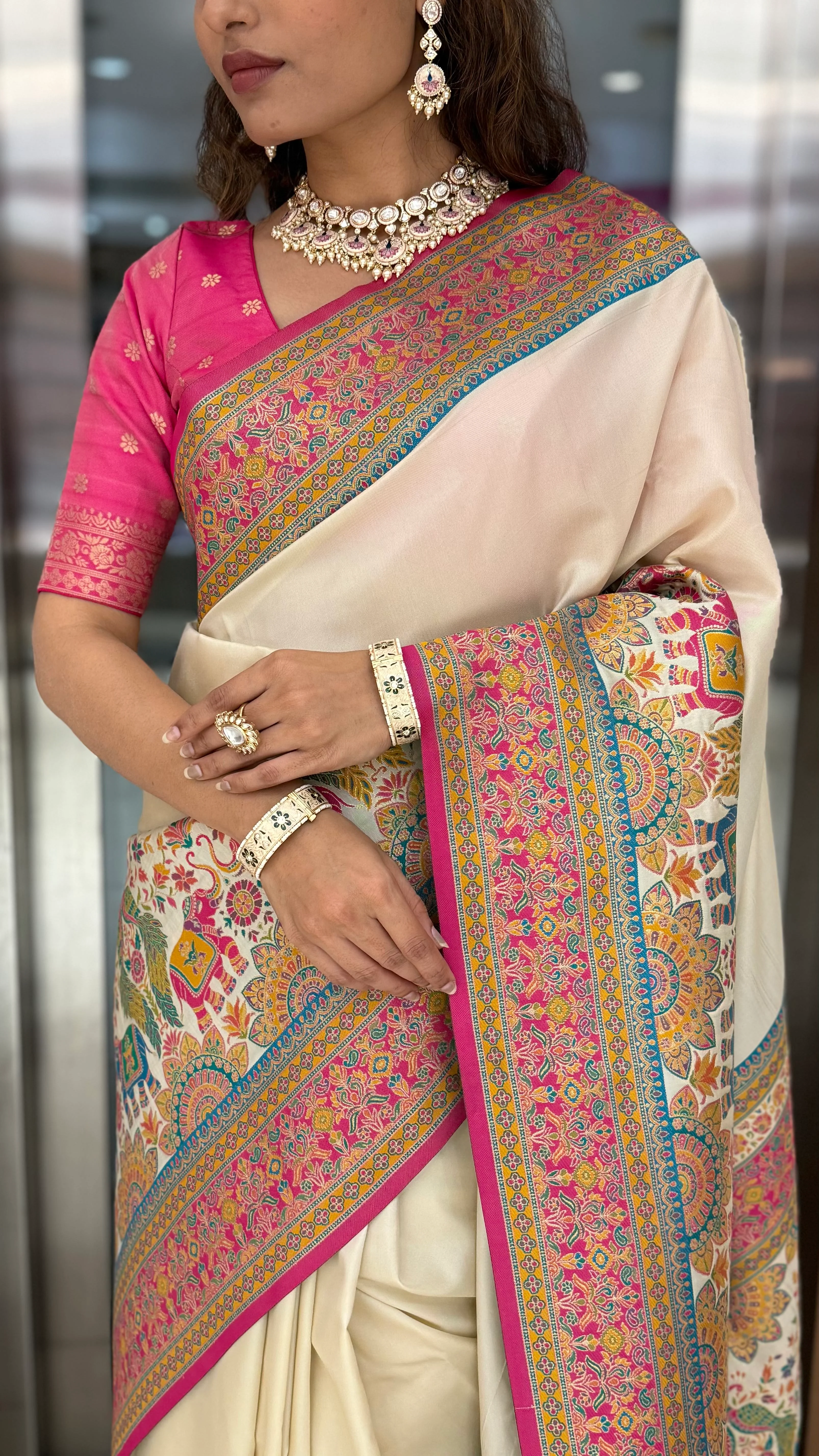 Ivory Banarasi Silk Saree with Multicolor Meenakari Weave & Contrast Pink Border - Image 3