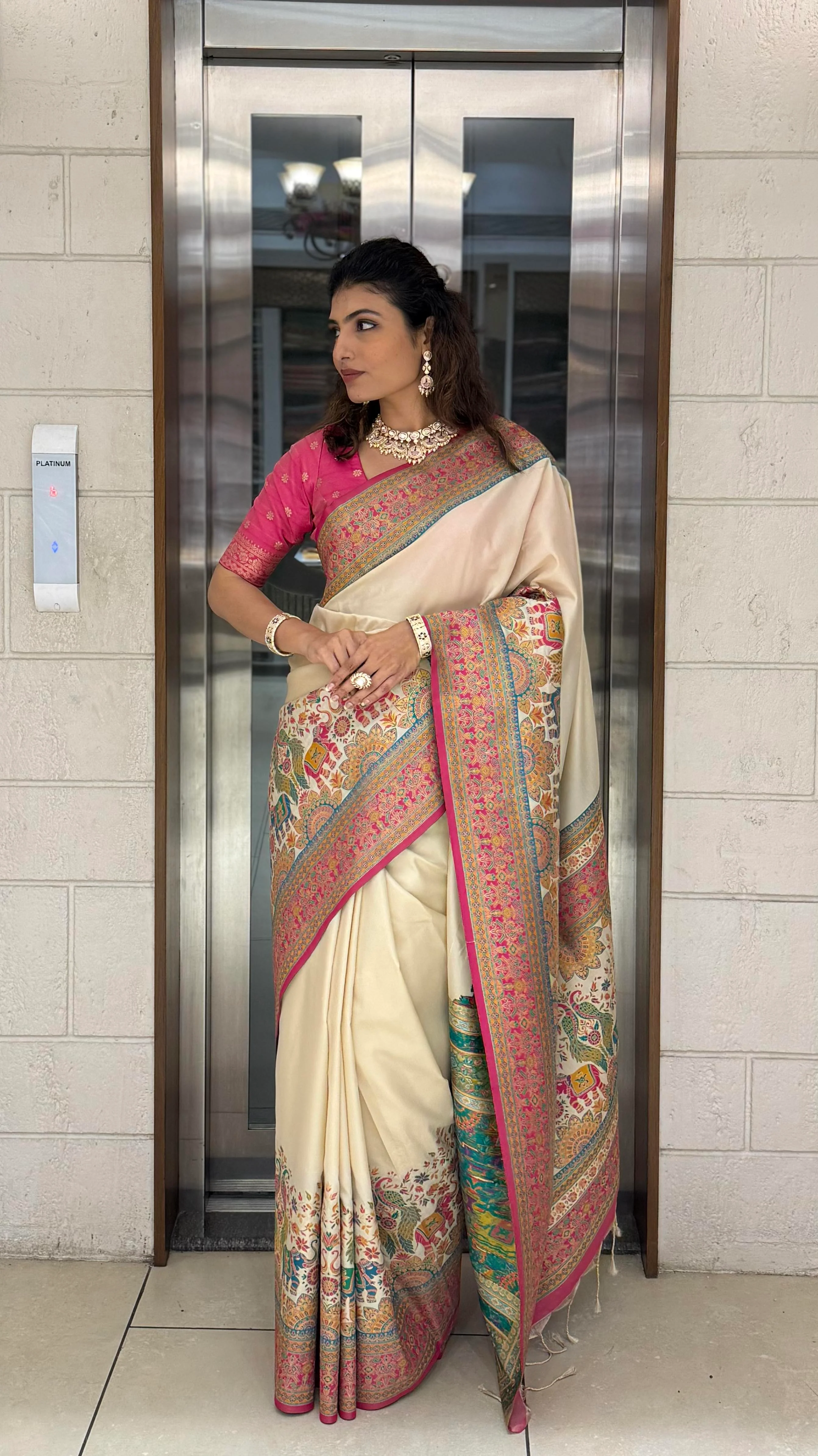 Ivory Banarasi Silk Saree with Multicolor Meenakari Weave & Contrast Pink Border - Image 5