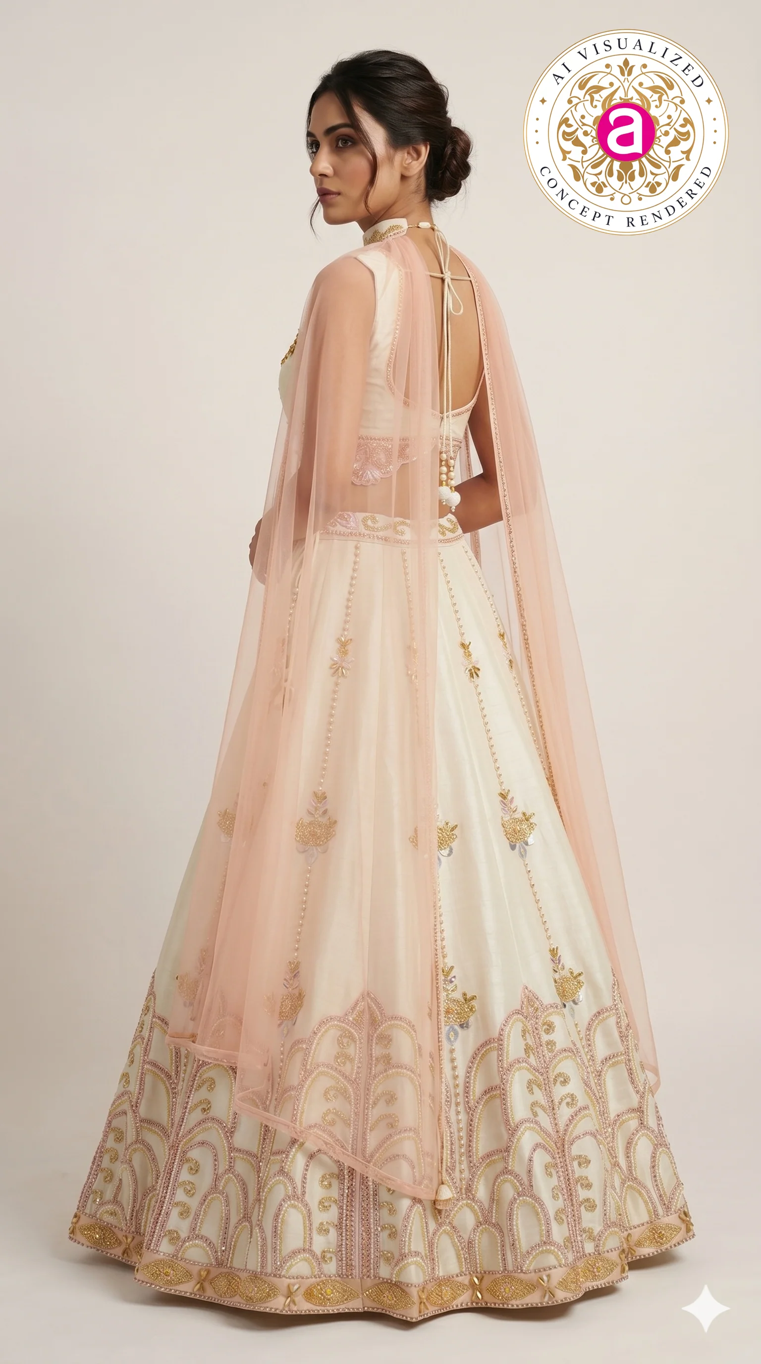Ivory Blush Pink Embroidered Designer Lehenga Choli with Net Dupatta - Image 3