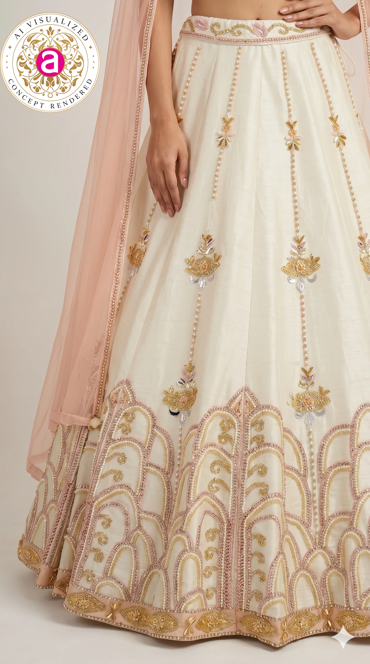 Ivory Blush Pink Embroidered Designer Lehenga Choli with Net Dupatta - Image 4