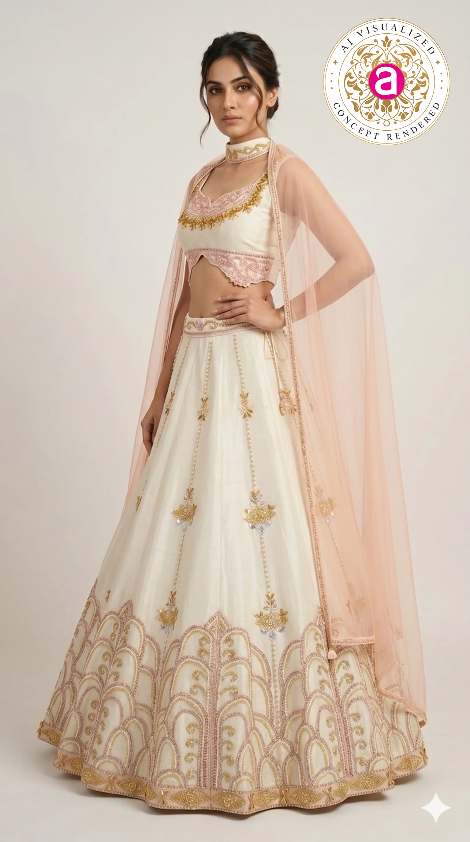 Ivory Blush Pink Embroidered Designer Lehenga Choli with Net Dupatta - Image 5