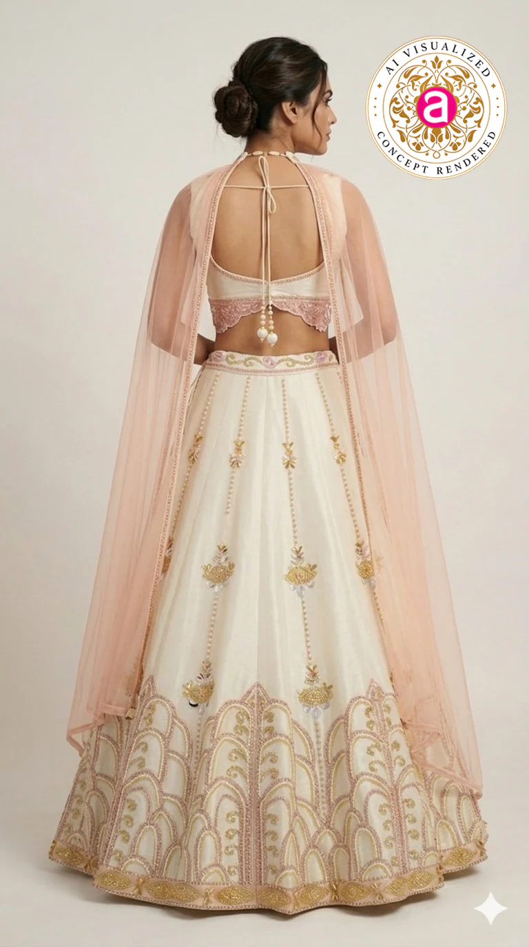 Ivory Blush Pink Embroidered Designer Lehenga Choli with Net Dupatta - Image 6