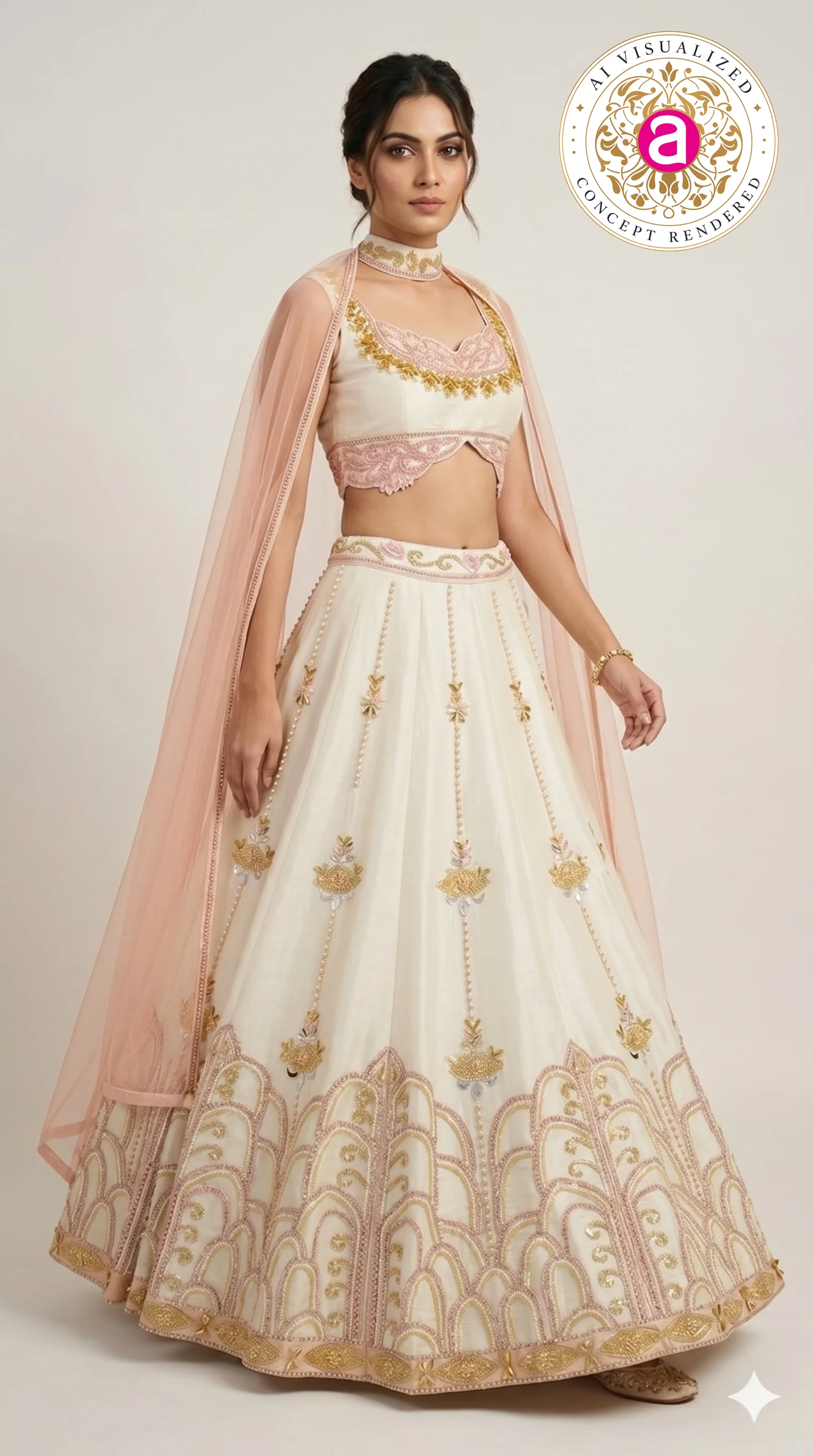 Ivory Blush Pink Embroidered Designer Lehenga Choli with Net Dupatta - Image 7