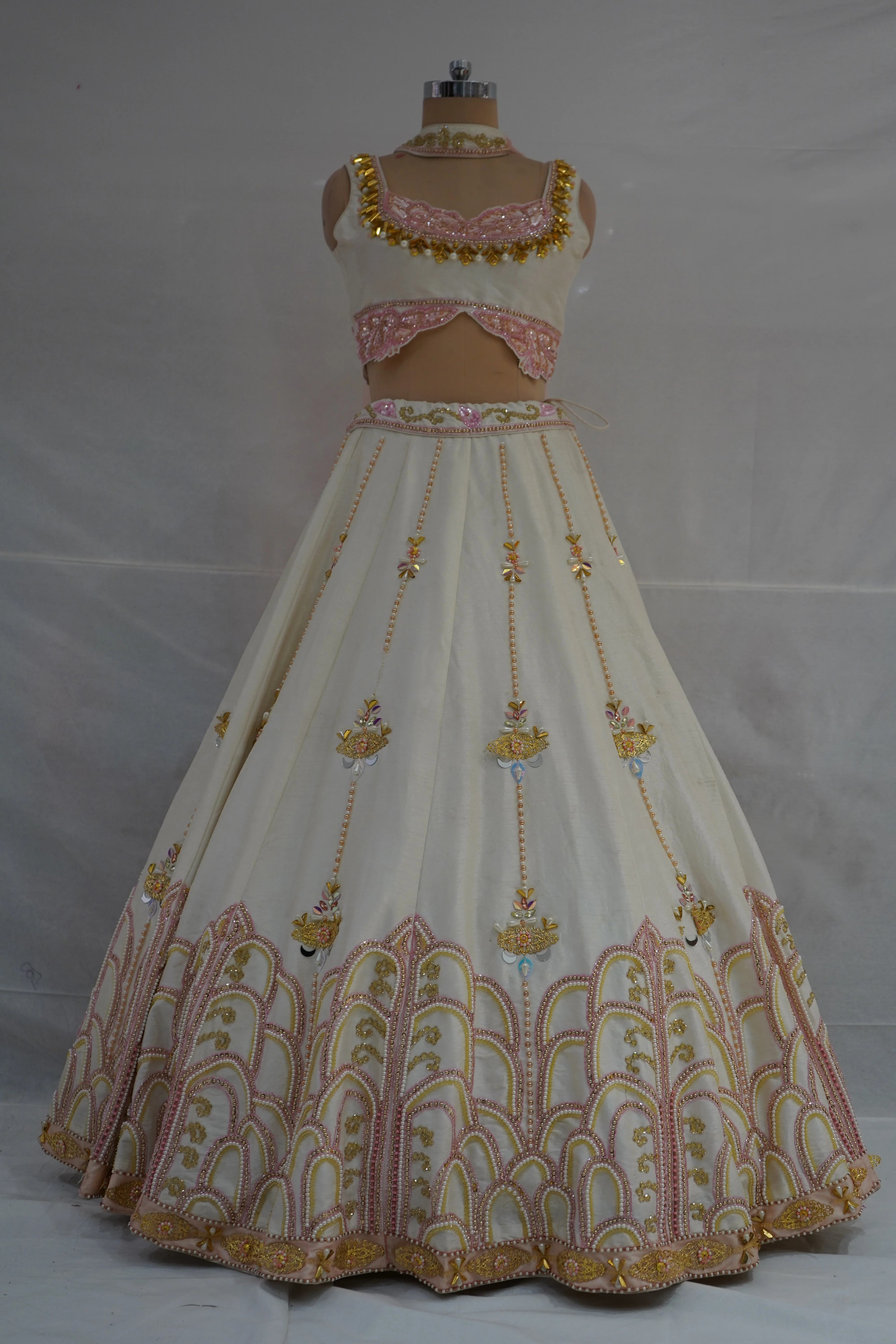 Ivory Blush Pink Embroidered Designer Lehenga Choli with Net Dupatta - Image 8