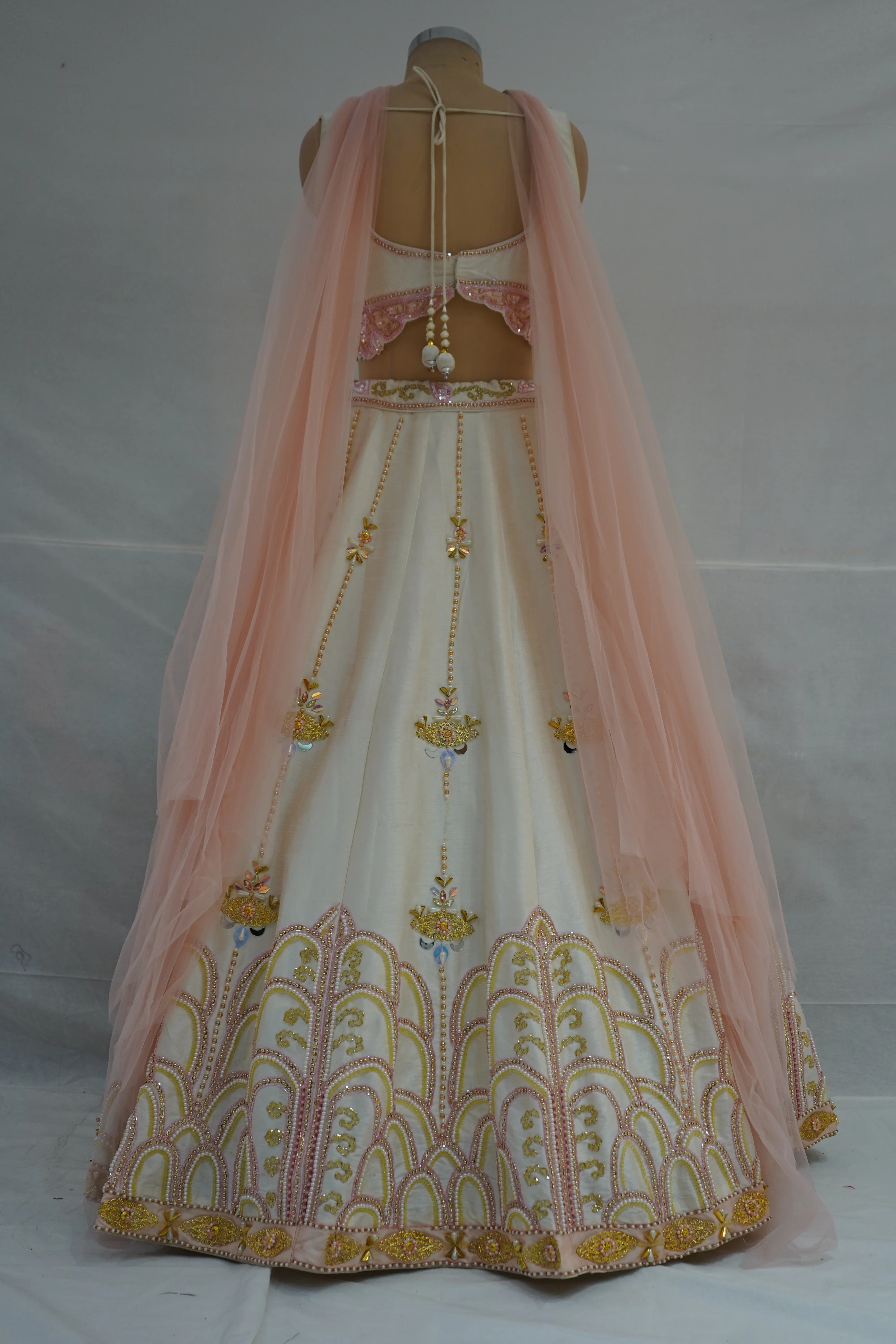 Ivory Blush Pink Embroidered Designer Lehenga Choli with Net Dupatta - Image 9