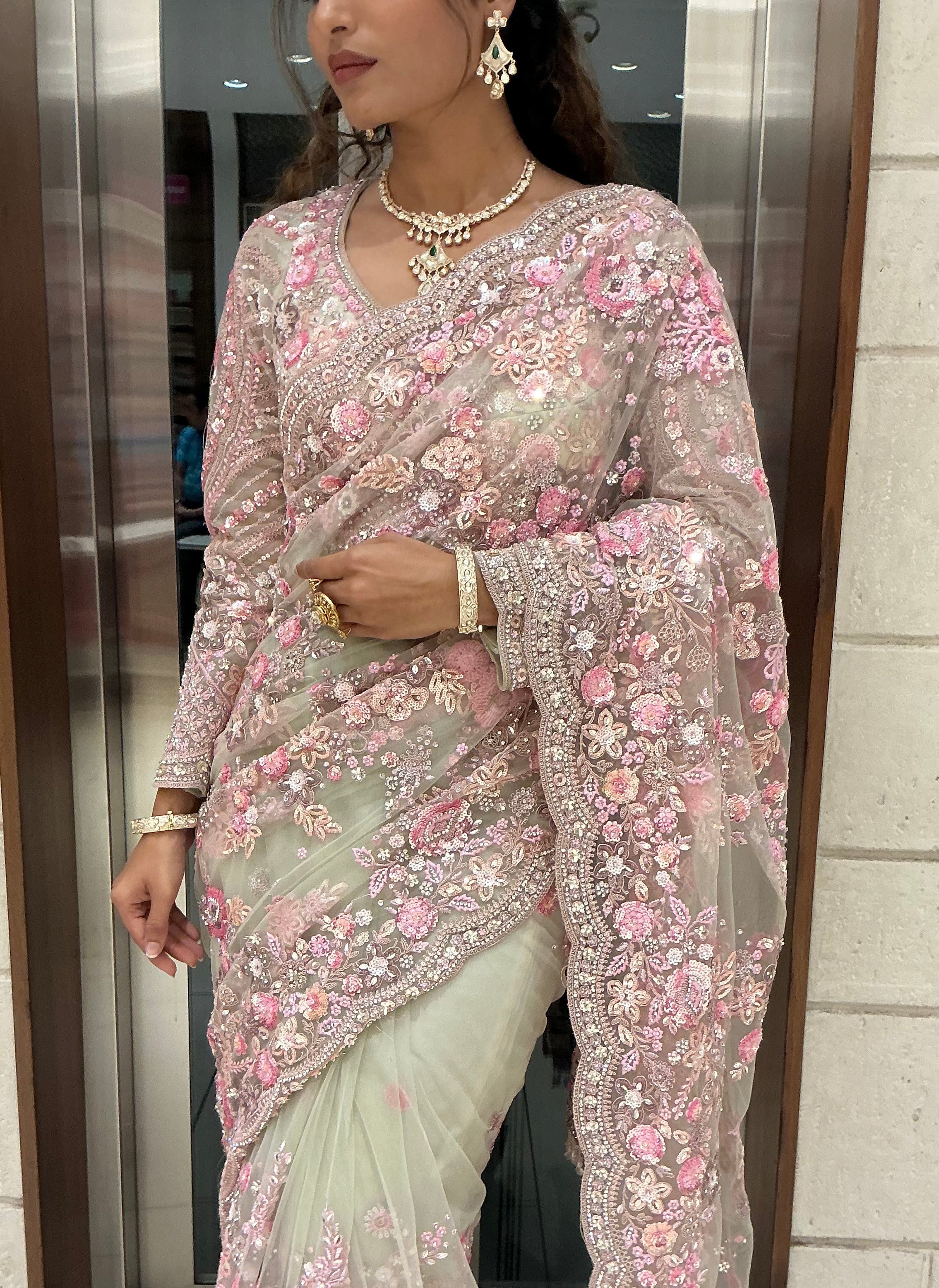 Ivory & Blush Pink Heavy Floral Embroidered Designer Saree with Sequin Work - Image 2
