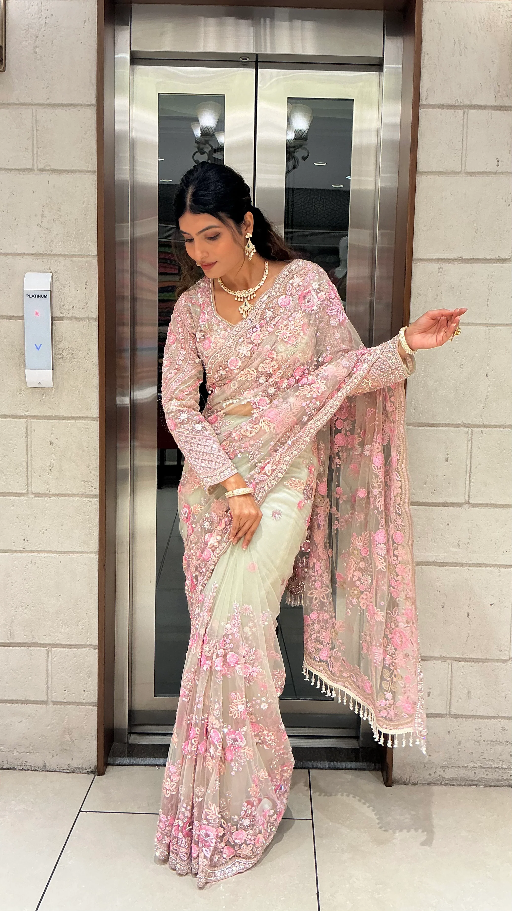 Ivory & Blush Pink Heavy Floral Embroidered Designer Saree with Sequin Work - Image 4