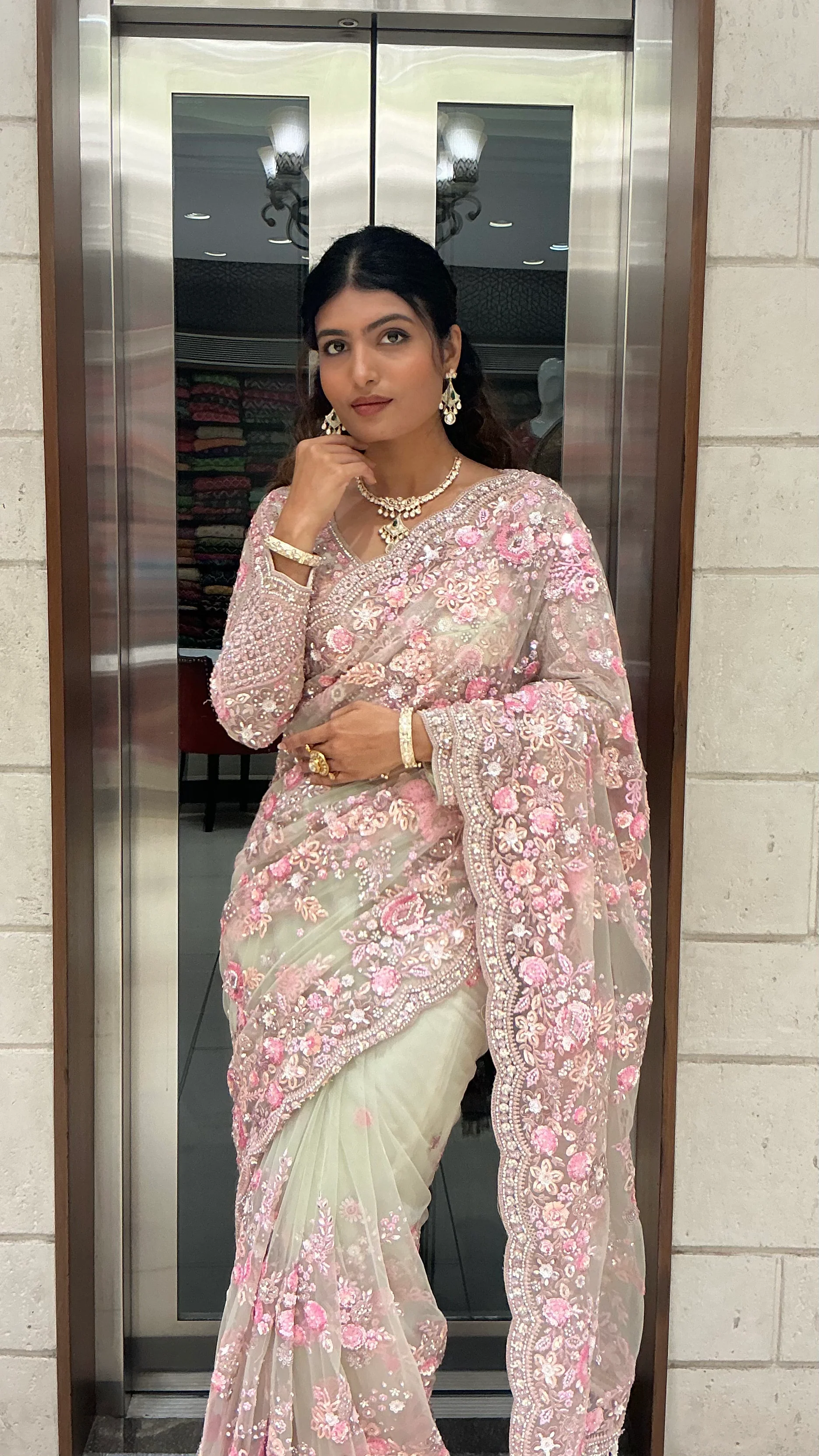 Ivory & Blush Pink Heavy Floral Embroidered Designer Saree with Sequin Work - Image 5