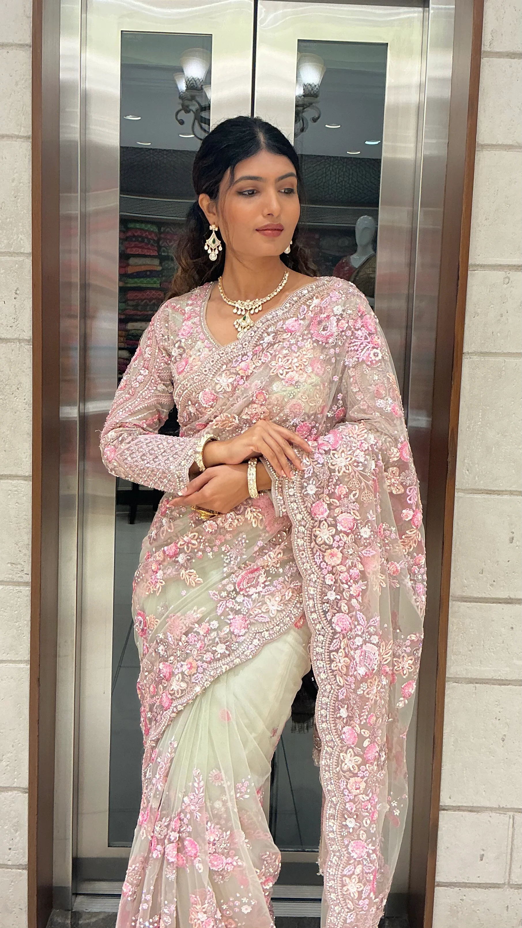 Ivory & Blush Pink Heavy Floral Embroidered Designer Saree with Sequin Work - Image 6