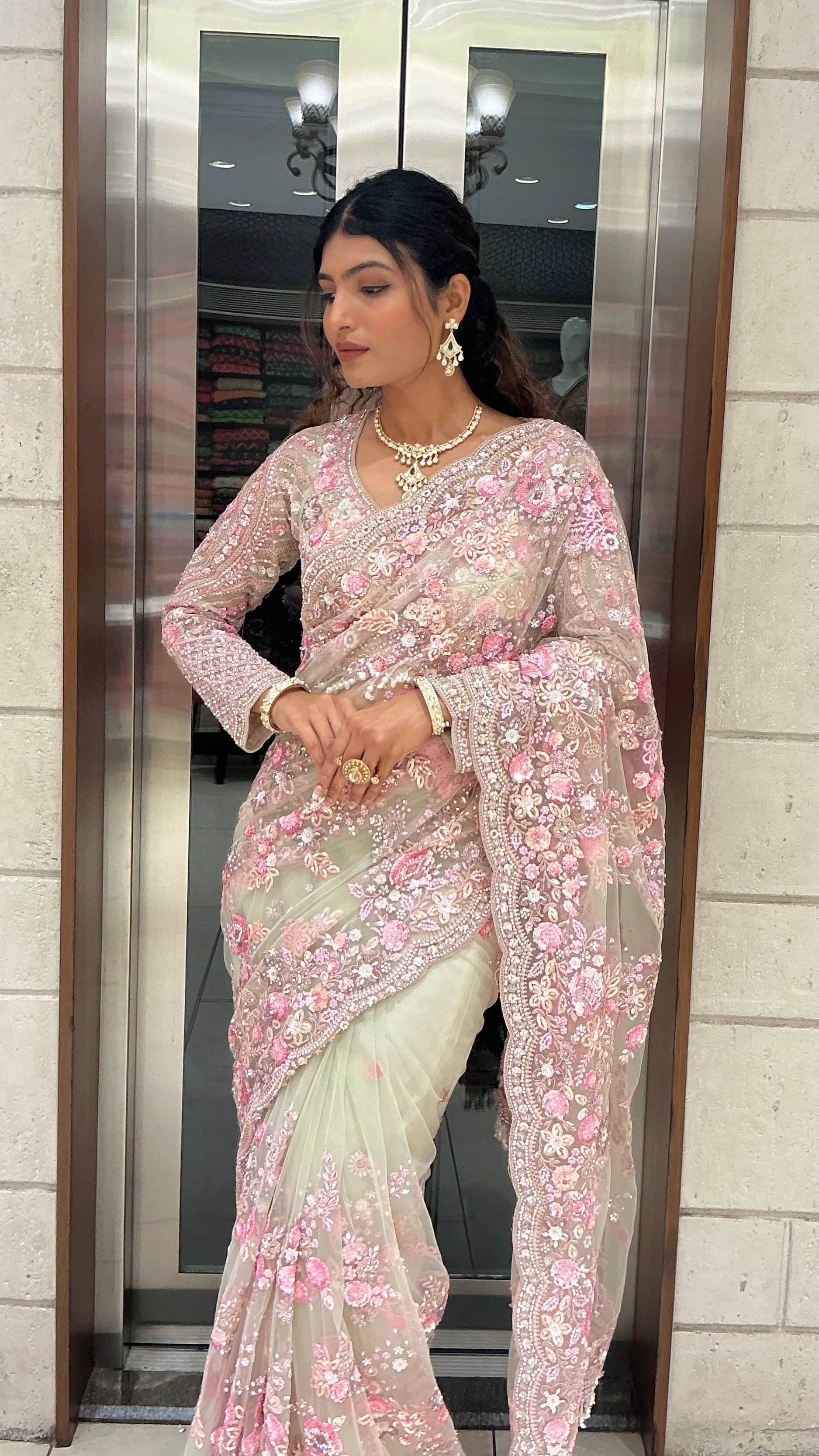 Ivory & Blush Pink Heavy Floral Embroidered Designer Saree with Sequin Work - Image 7