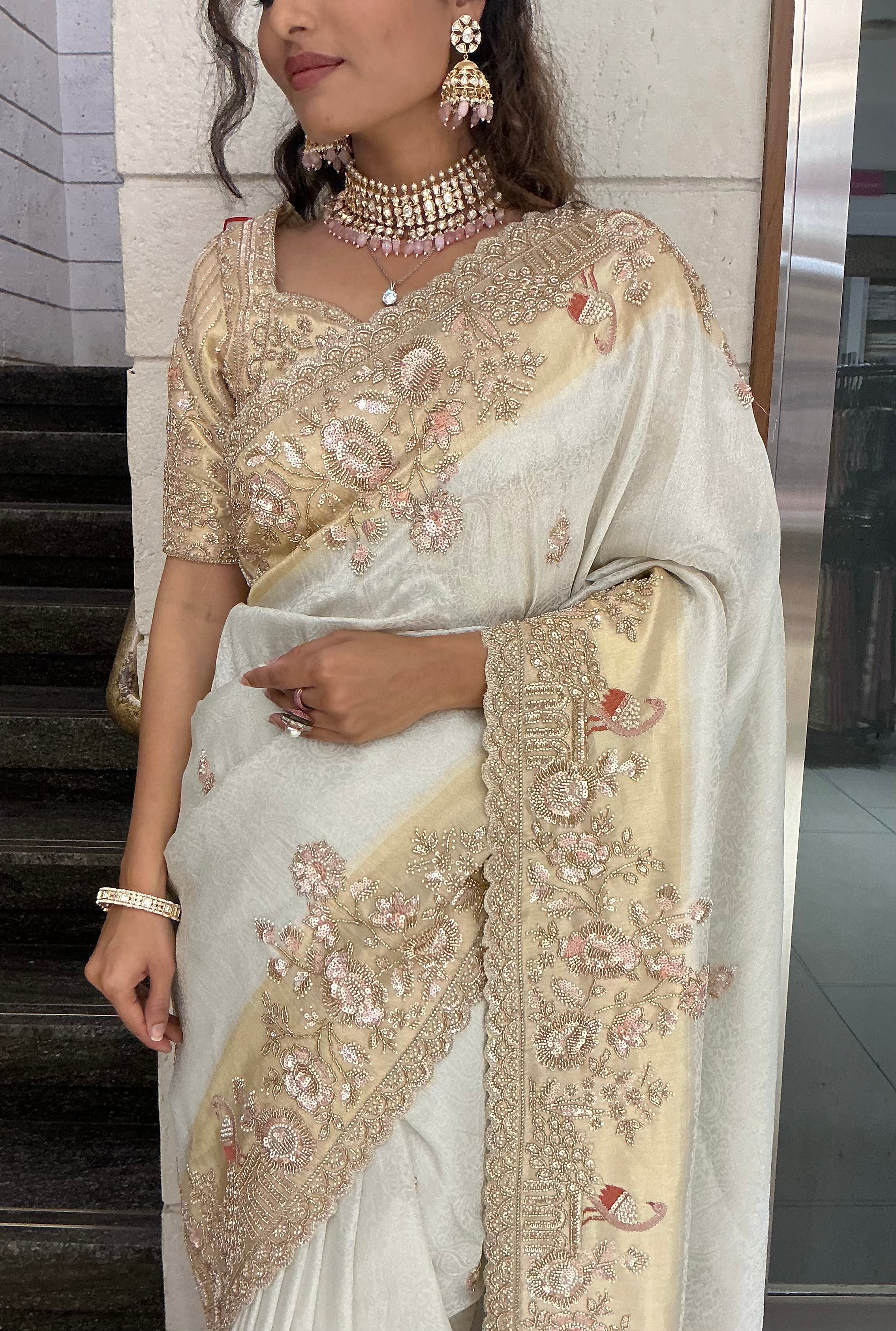 Ivory Champagne Embroidered Designer Saree with Heavy Zari & Sequin Work - Image 2