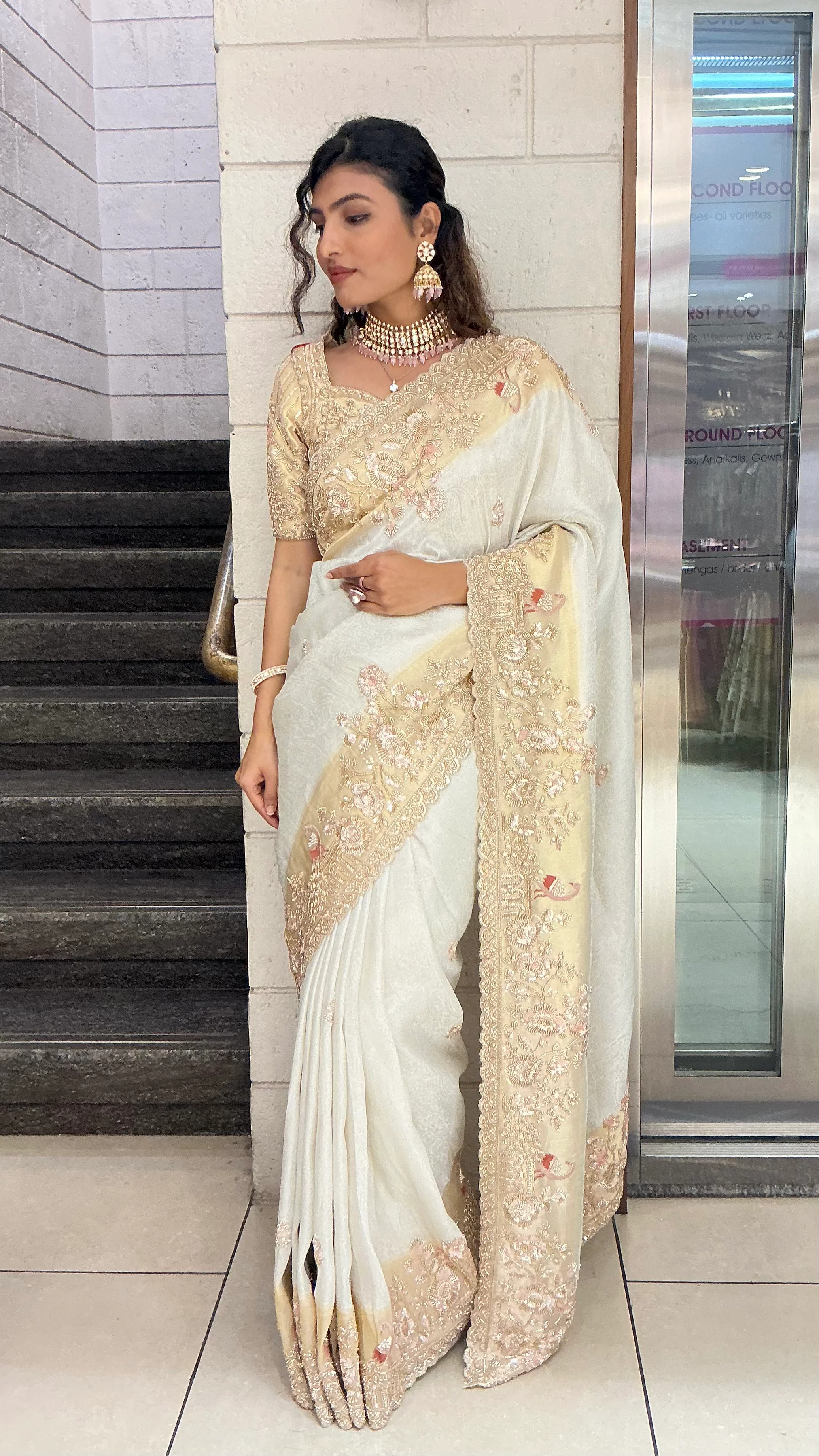 Ivory Champagne Embroidered Designer Saree with Heavy Zari & Sequin Work - Image 3