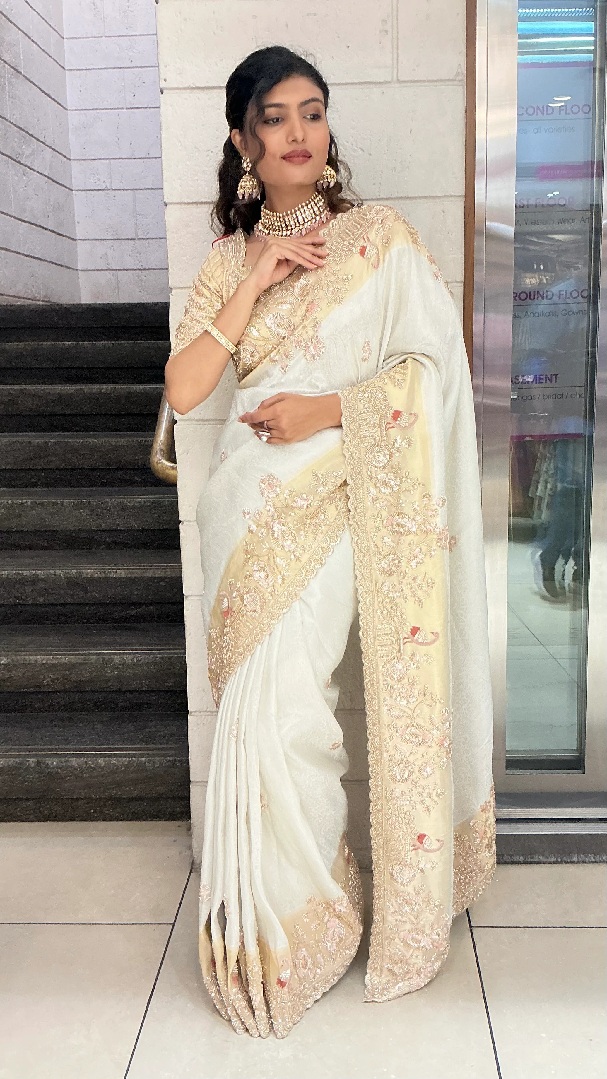 Ivory Champagne Embroidered Designer Saree with Heavy Zari & Sequin Work - Image 4