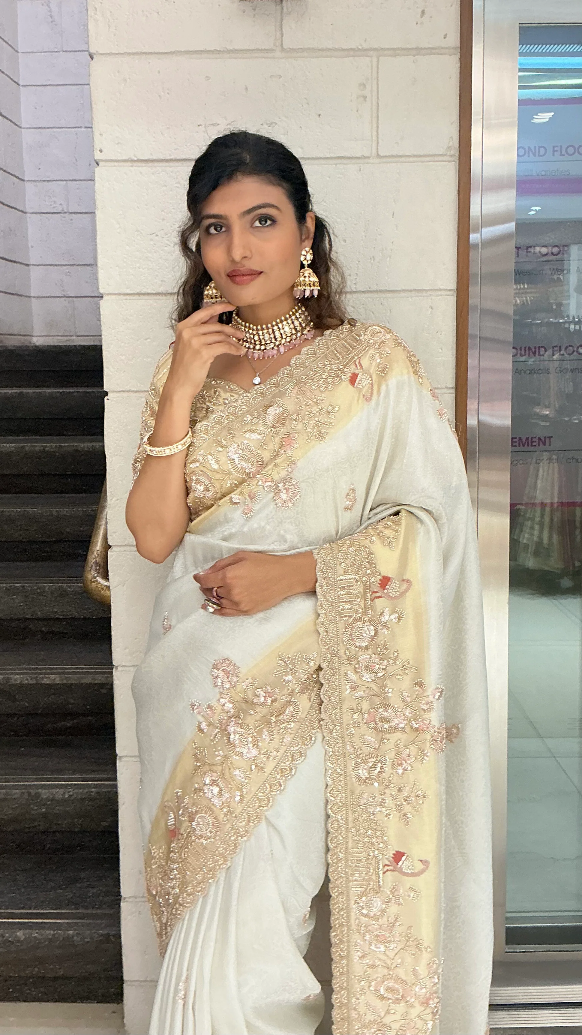 Ivory Champagne Embroidered Designer Saree with Heavy Zari & Sequin Work - Image 5