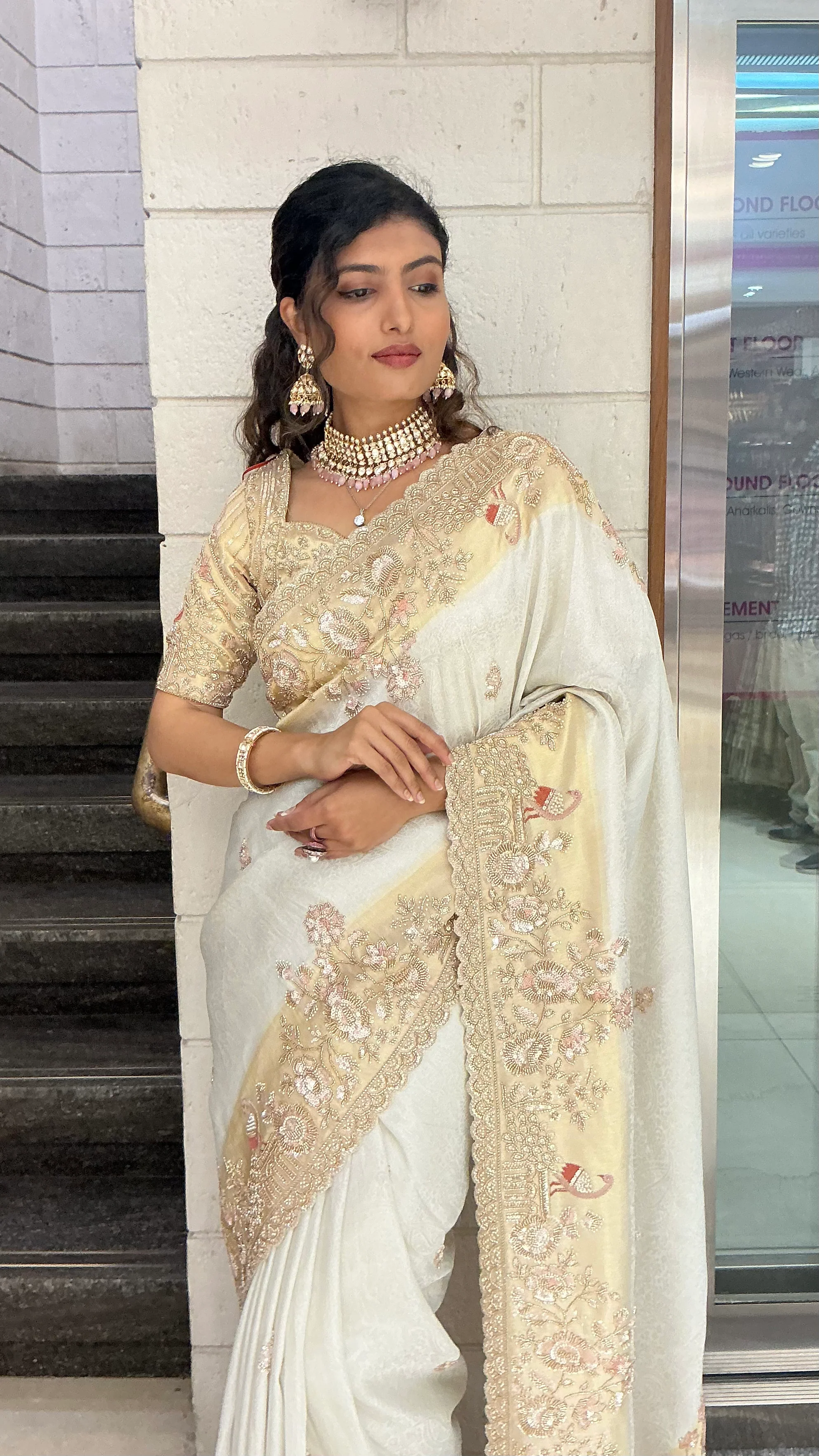 Ivory Champagne Embroidered Designer Saree with Heavy Zari & Sequin Work - Image 6