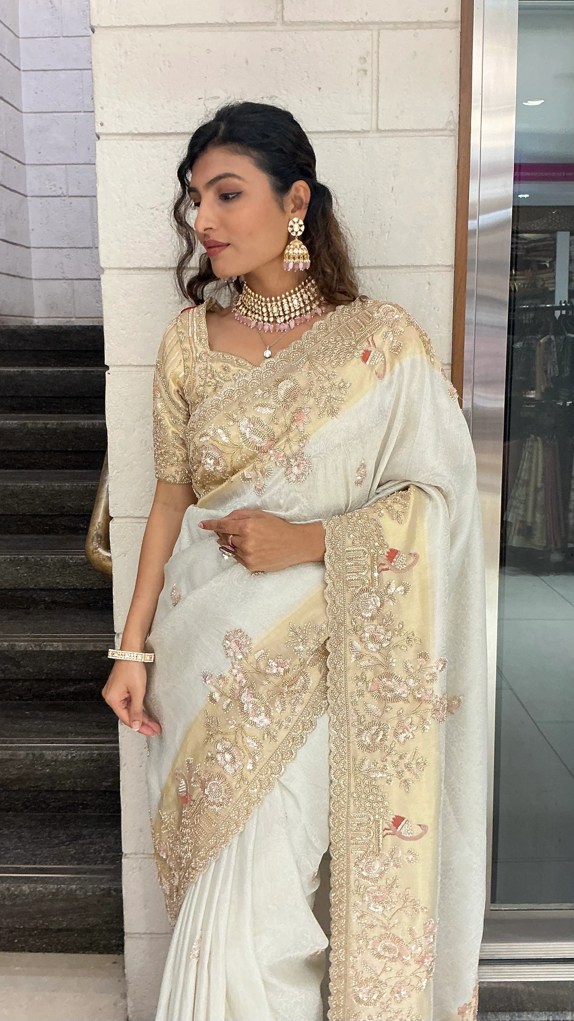 Ivory Champagne Embroidered Designer Saree with Heavy Zari & Sequin Work - Image 7