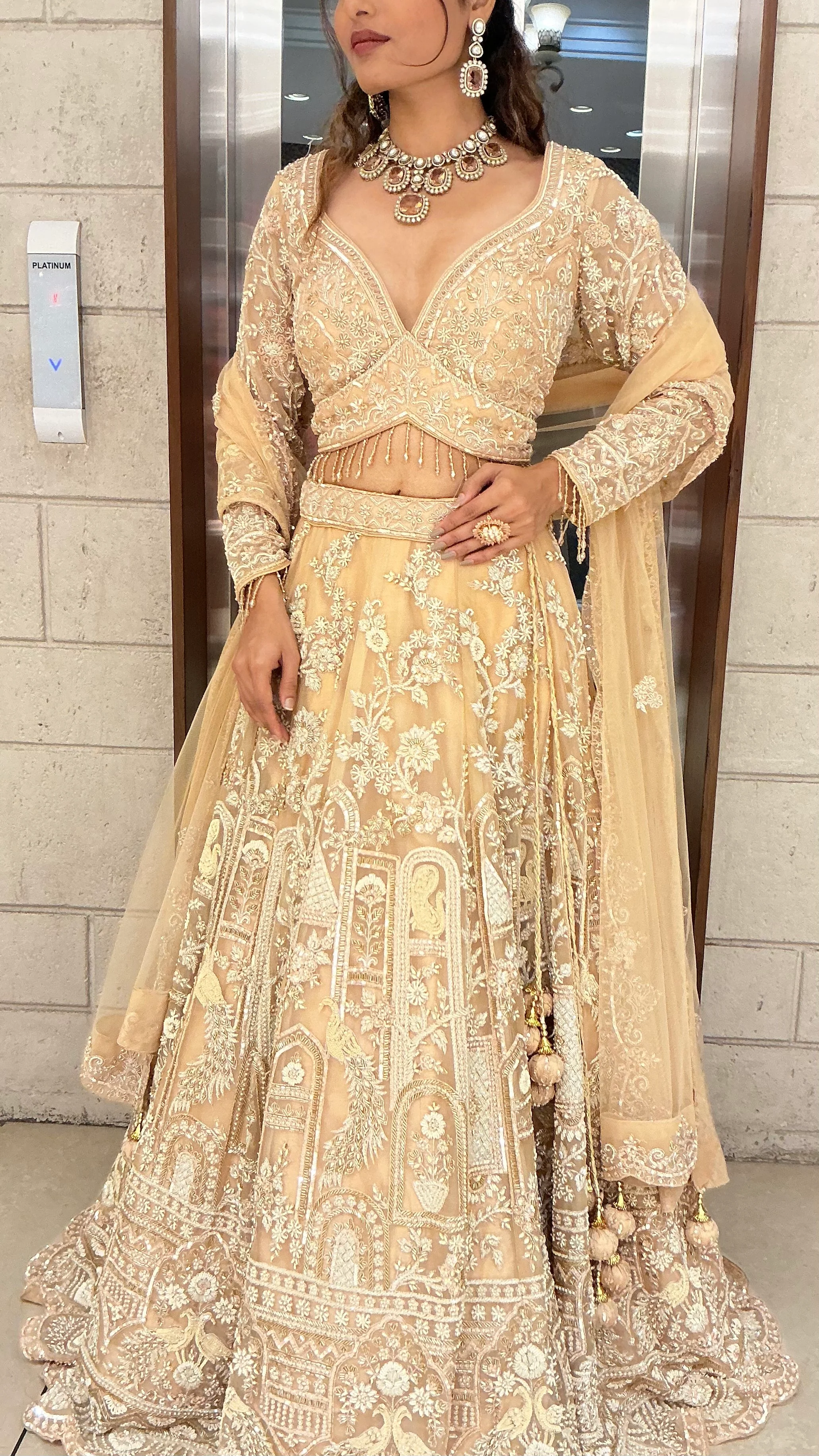 Ivory Champagne Heavy Embroidered Bridal Lehenga Choli with Net Dupatta - Image 2