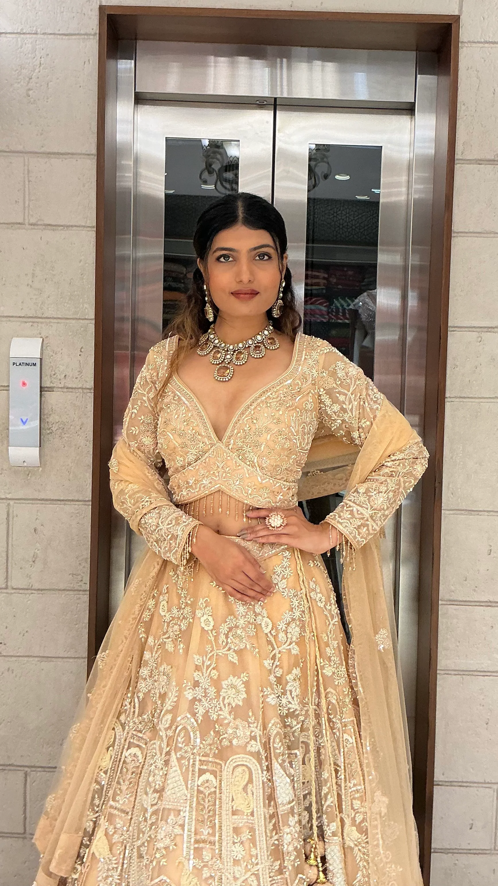 Ivory Champagne Heavy Embroidered Bridal Lehenga Choli with Net Dupatta - Image 5