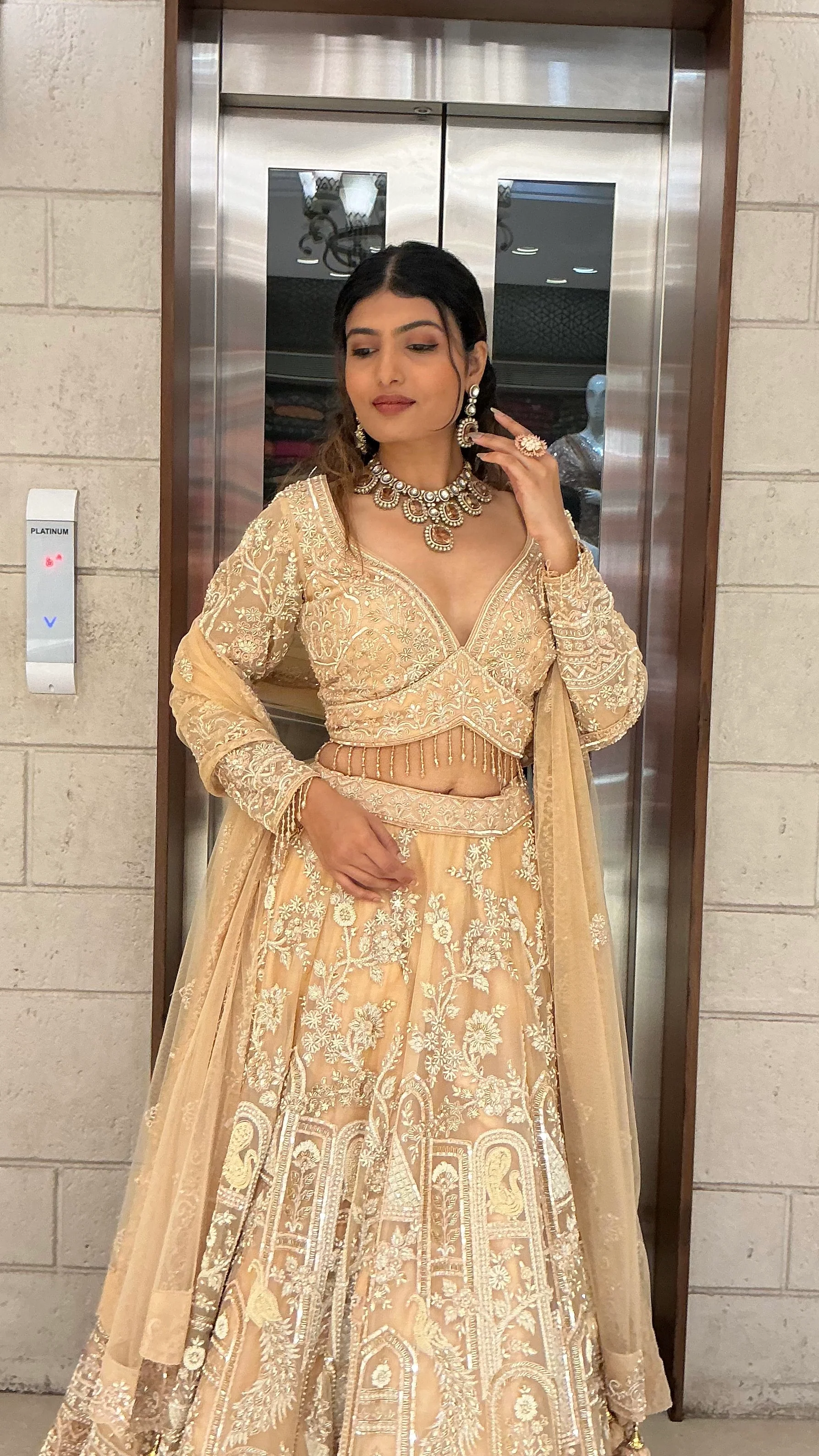Ivory Champagne Heavy Embroidered Bridal Lehenga Choli with Net Dupatta - Image 6