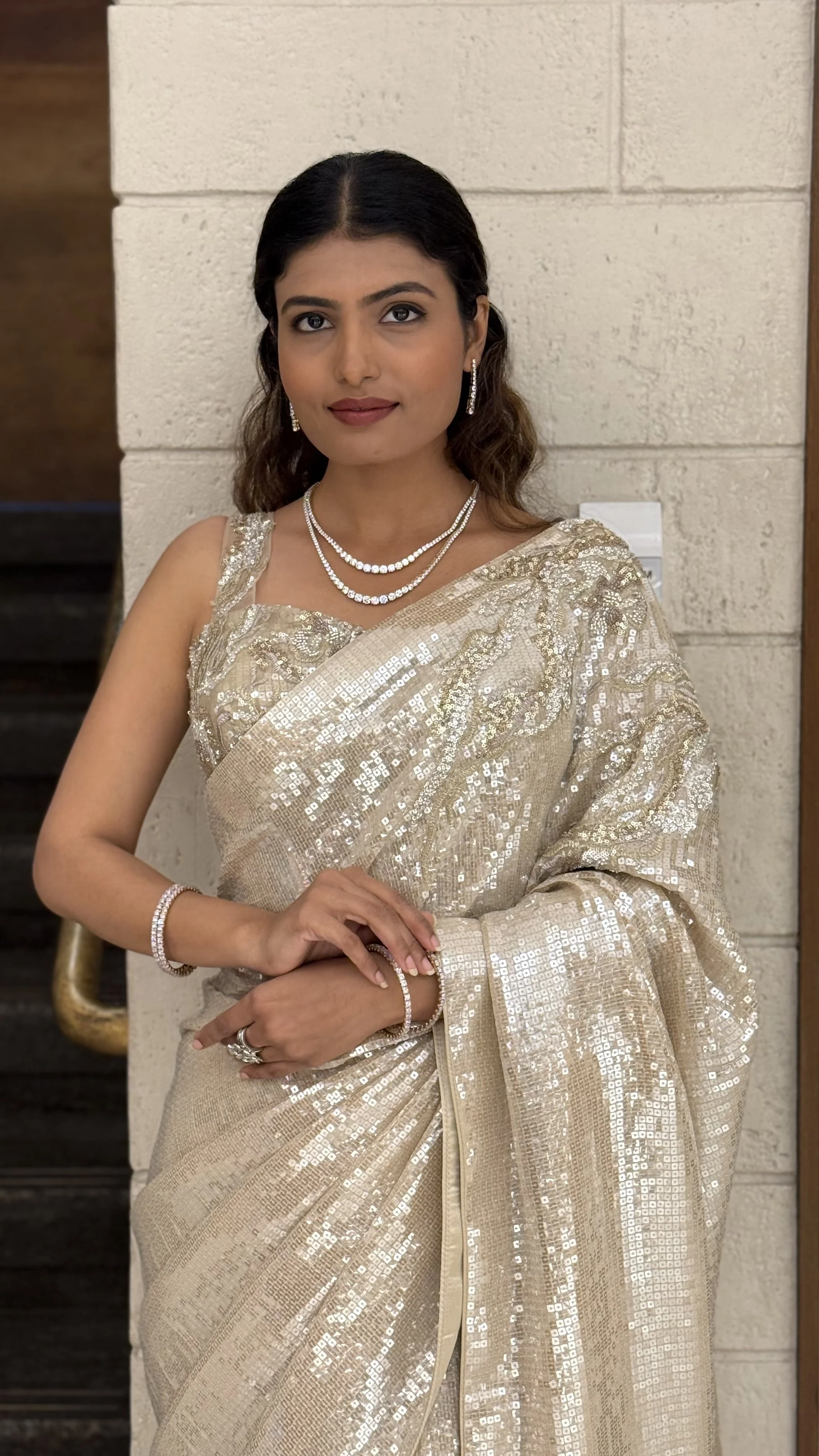 Ivory Champagne Heavy Sequin Embroidered Designer Saree - Image 5