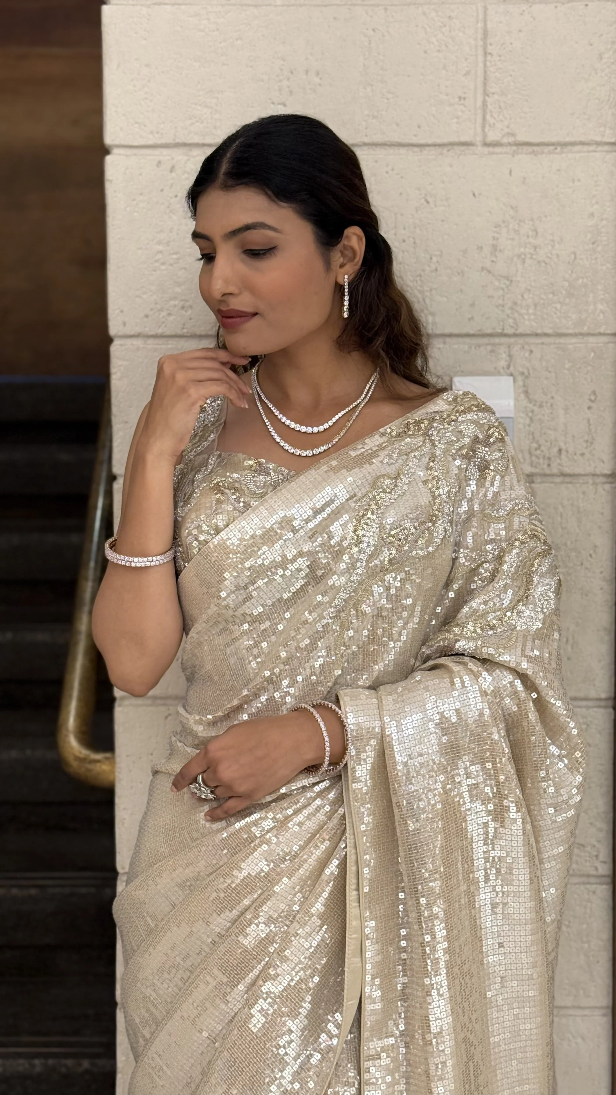 Ivory Champagne Heavy Sequin Embroidered Designer Saree - Image 6