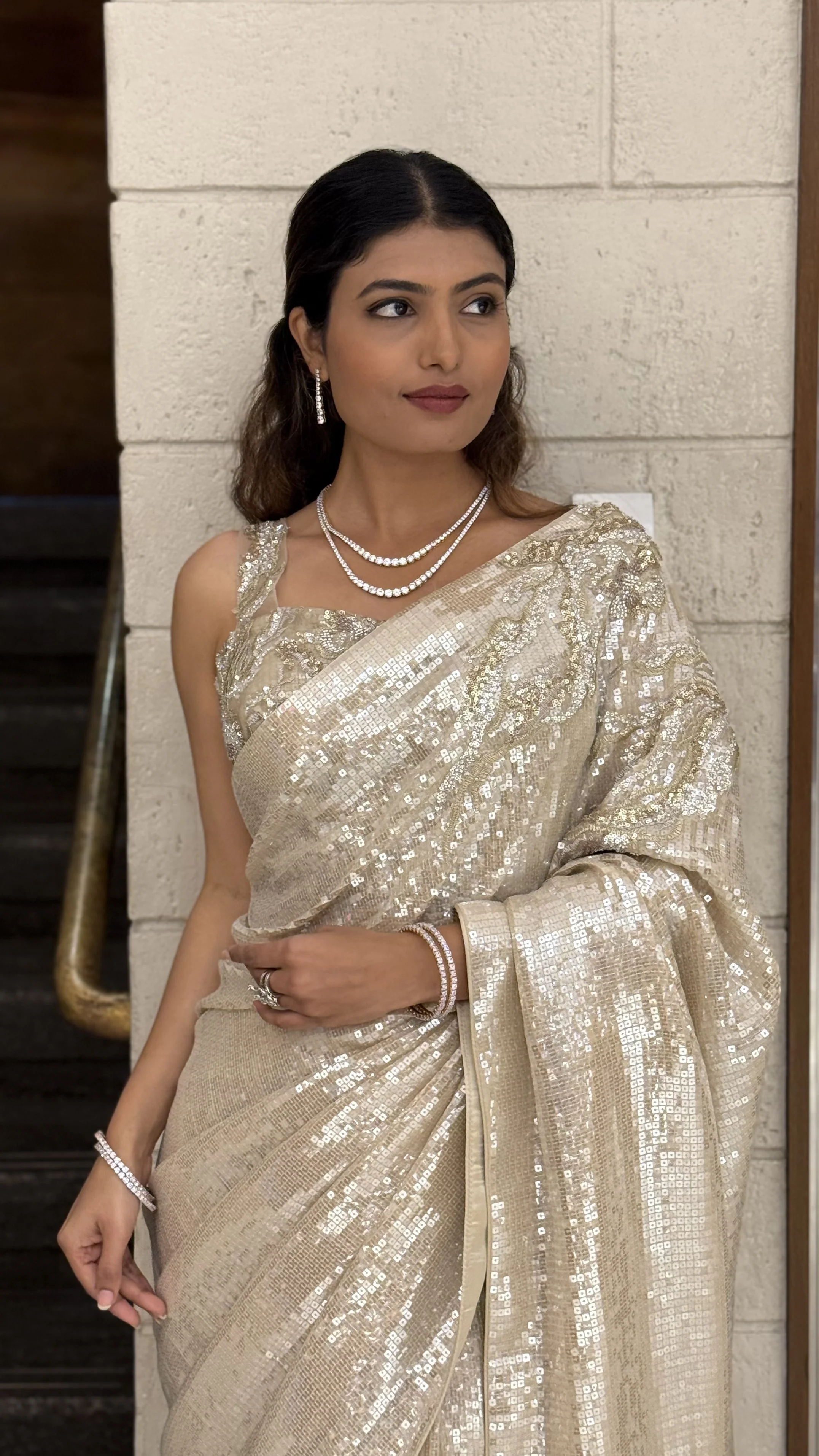 Ivory Champagne Heavy Sequin Embroidered Designer Saree - Image 7