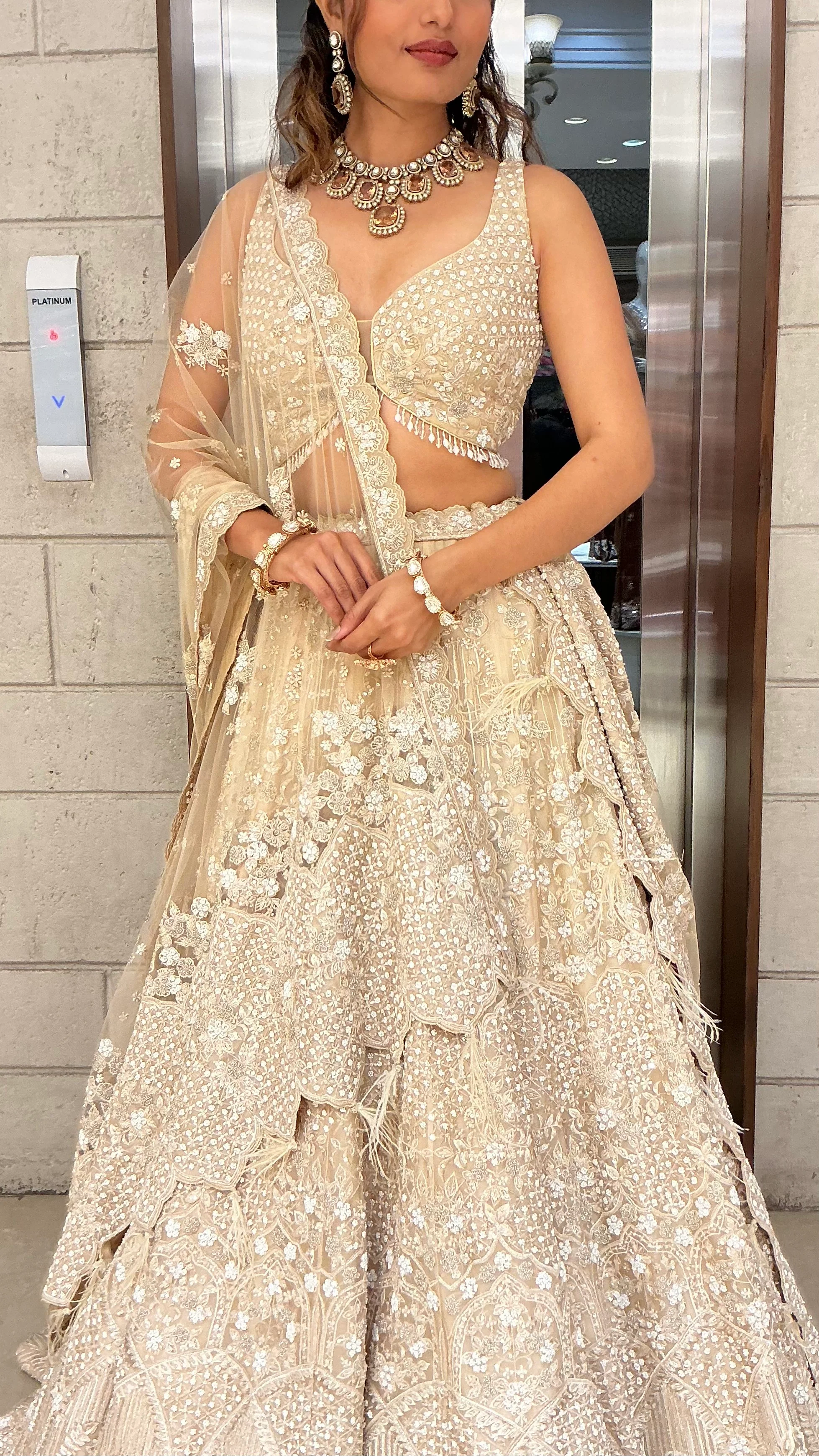 Ivory Champagne Sequin & Feather Embroidered Designer Lehenga Choli with Net Dupatta - Image 2