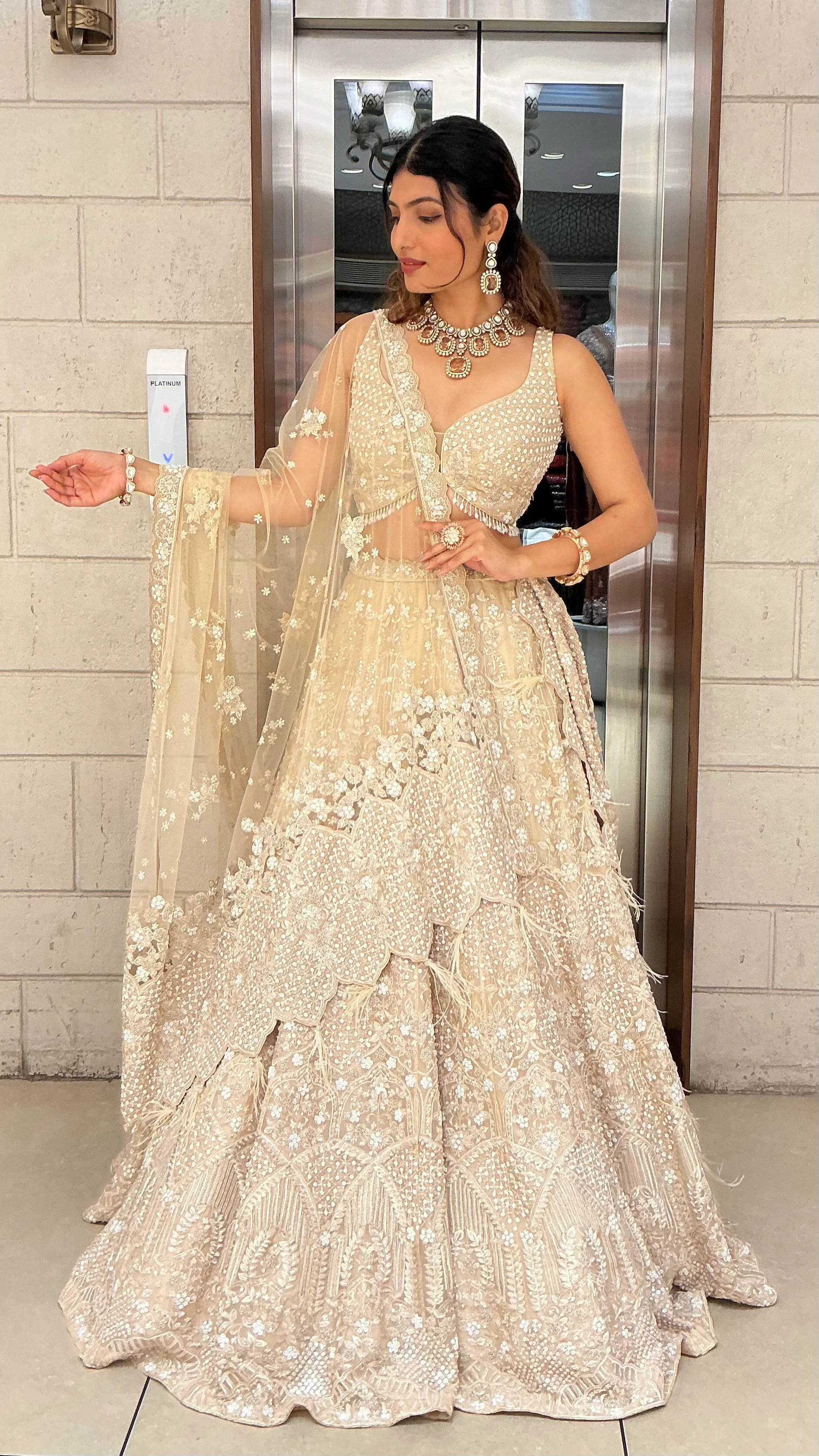 Ivory Champagne Sequin & Feather Embroidered Designer Lehenga Choli with Net Dupatta - Image 4