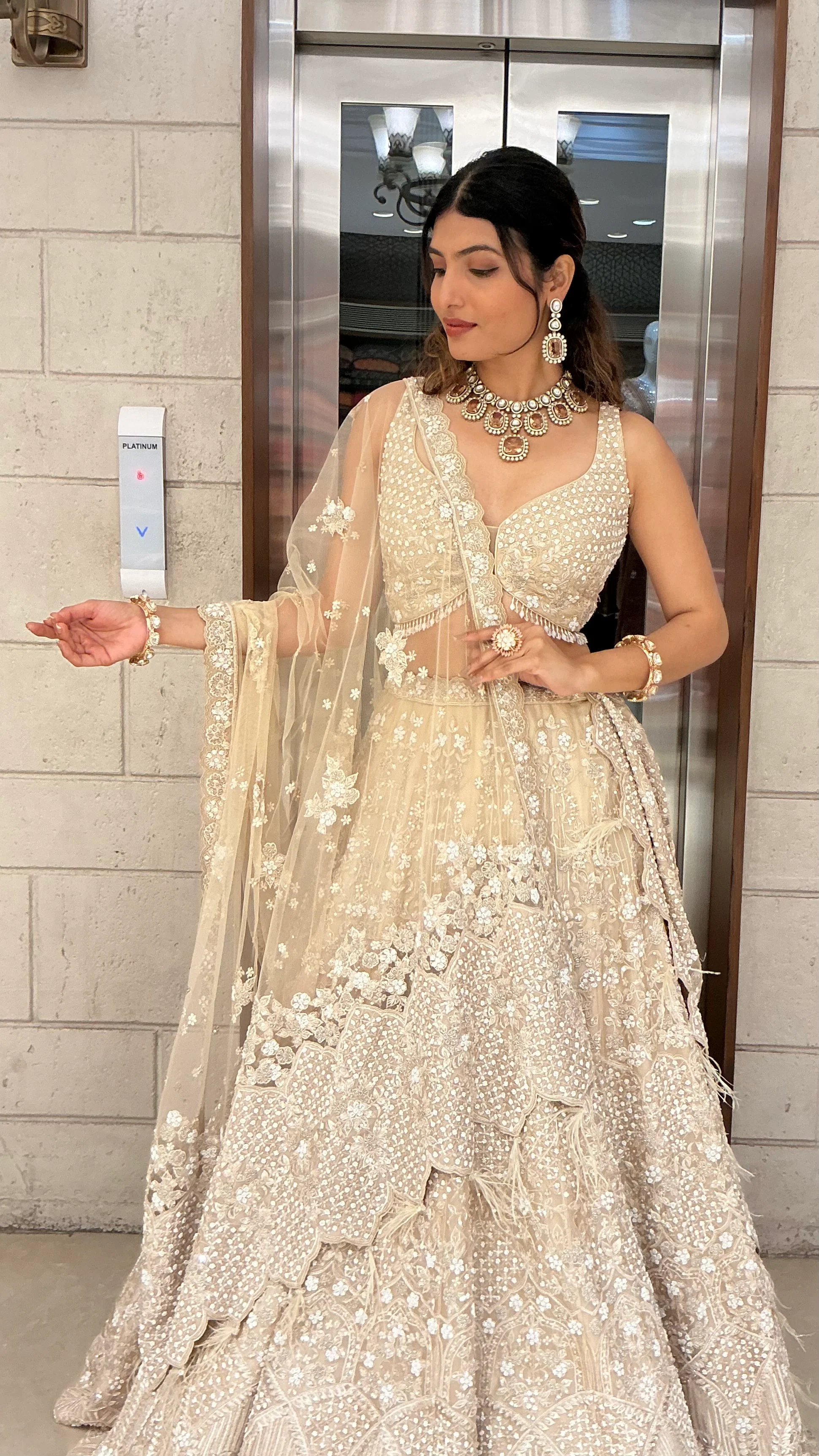 Ivory Champagne Sequin & Feather Embroidered Designer Lehenga Choli with Net Dupatta - Image 5