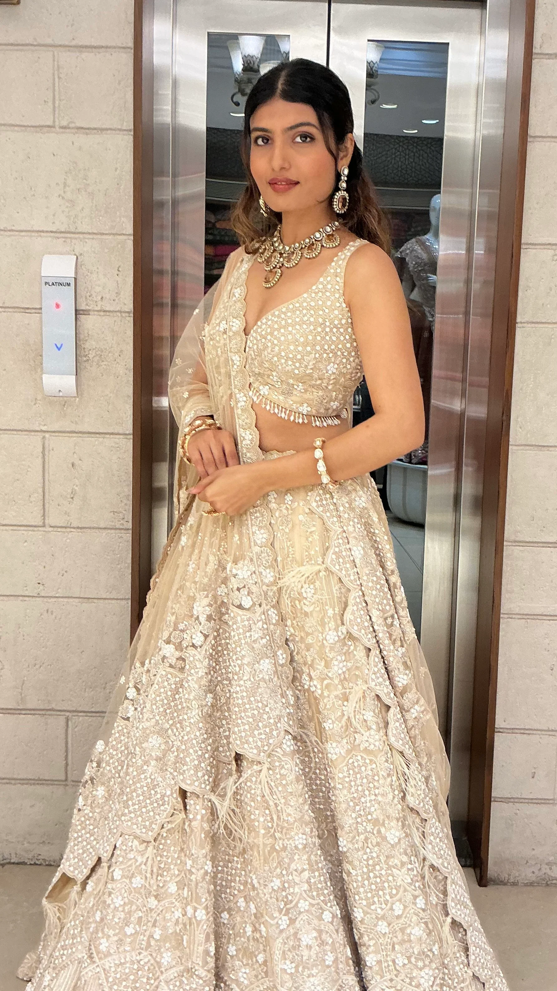 Ivory Champagne Sequin & Feather Embroidered Designer Lehenga Choli with Net Dupatta - Image 6
