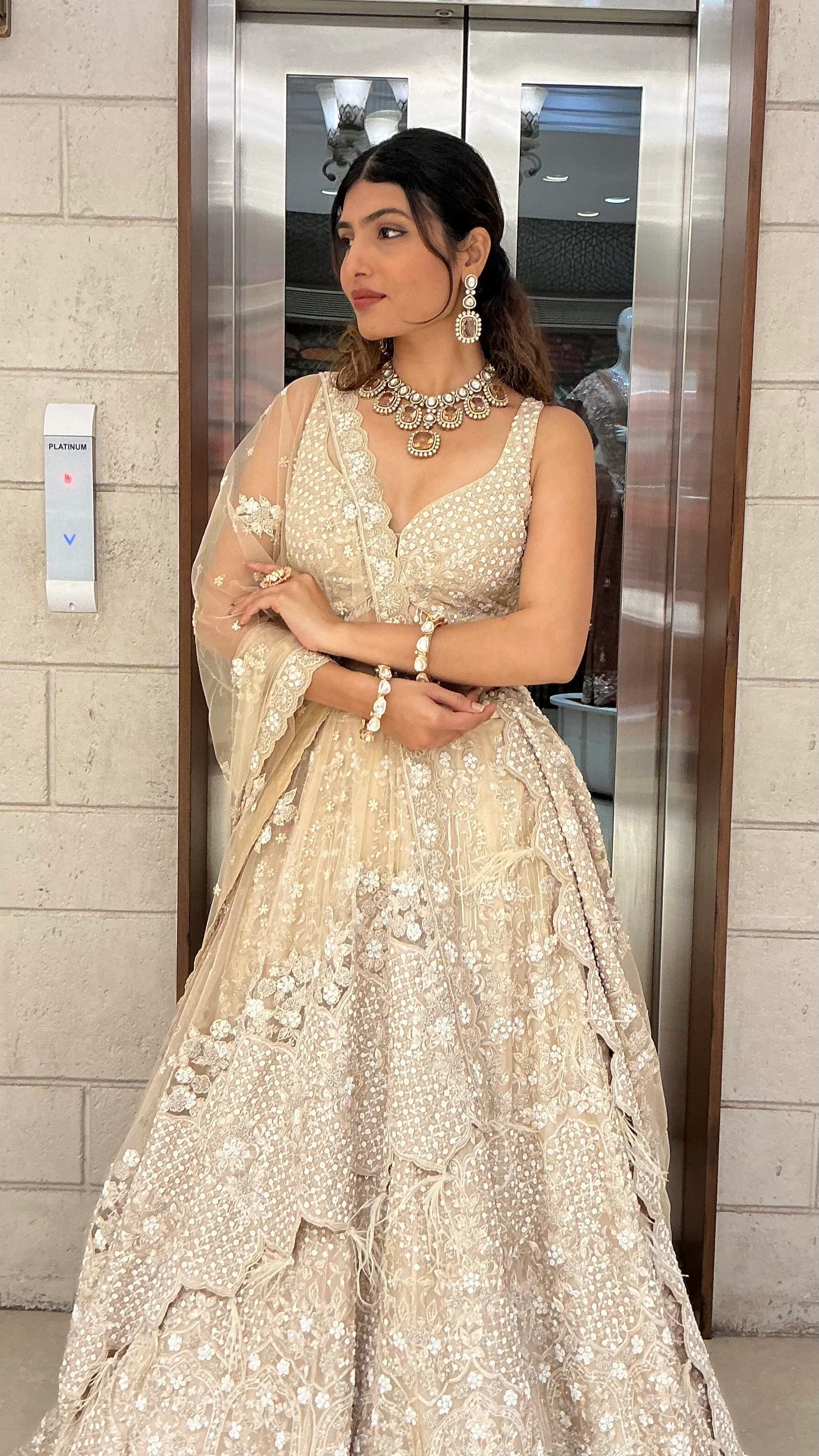 Ivory Champagne Sequin & Feather Embroidered Designer Lehenga Choli with Net Dupatta - Image 7