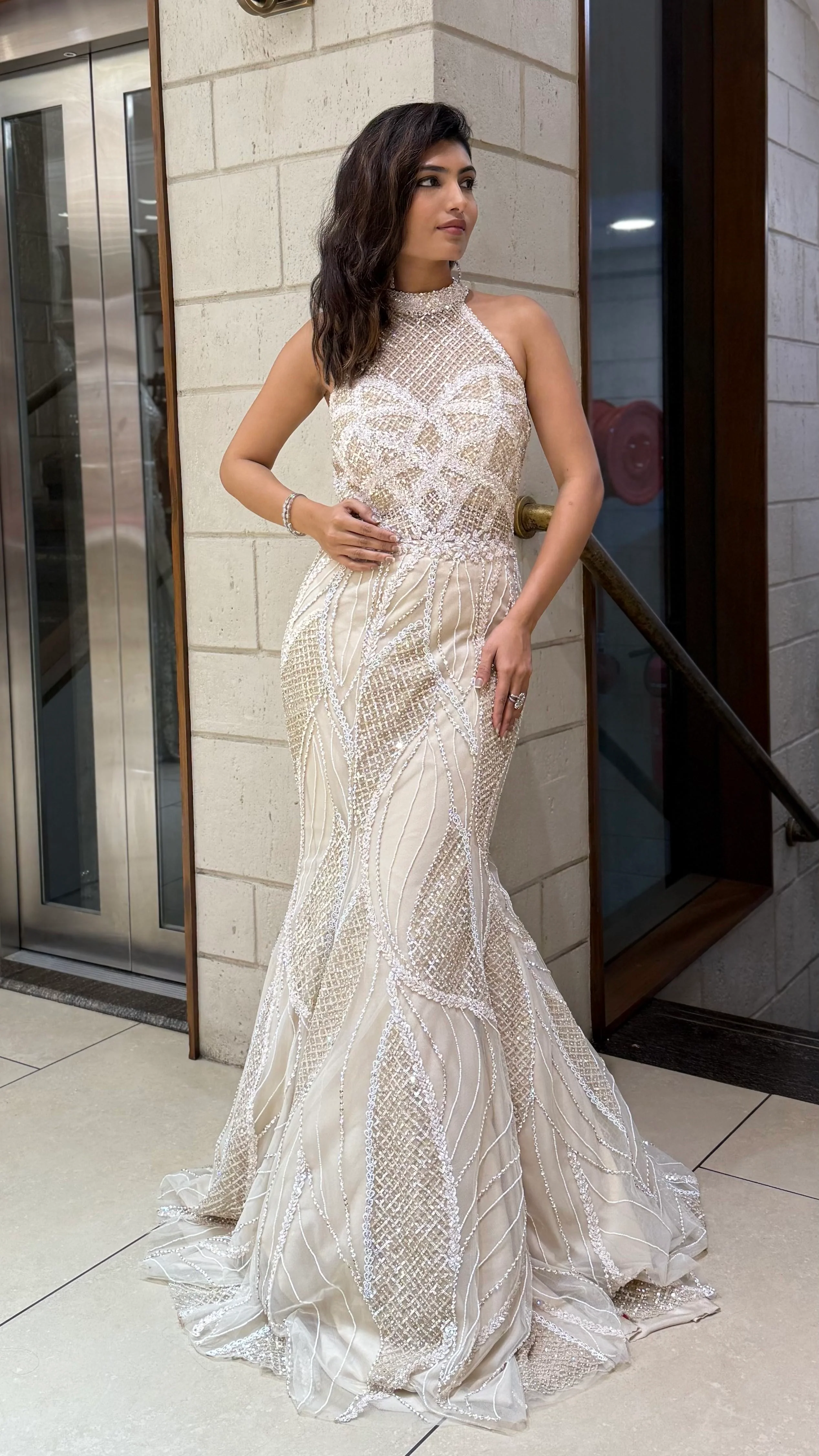 Ivory Champagne Sequin Fish Cut Mermaid Gown with Halter Neck - Image 3