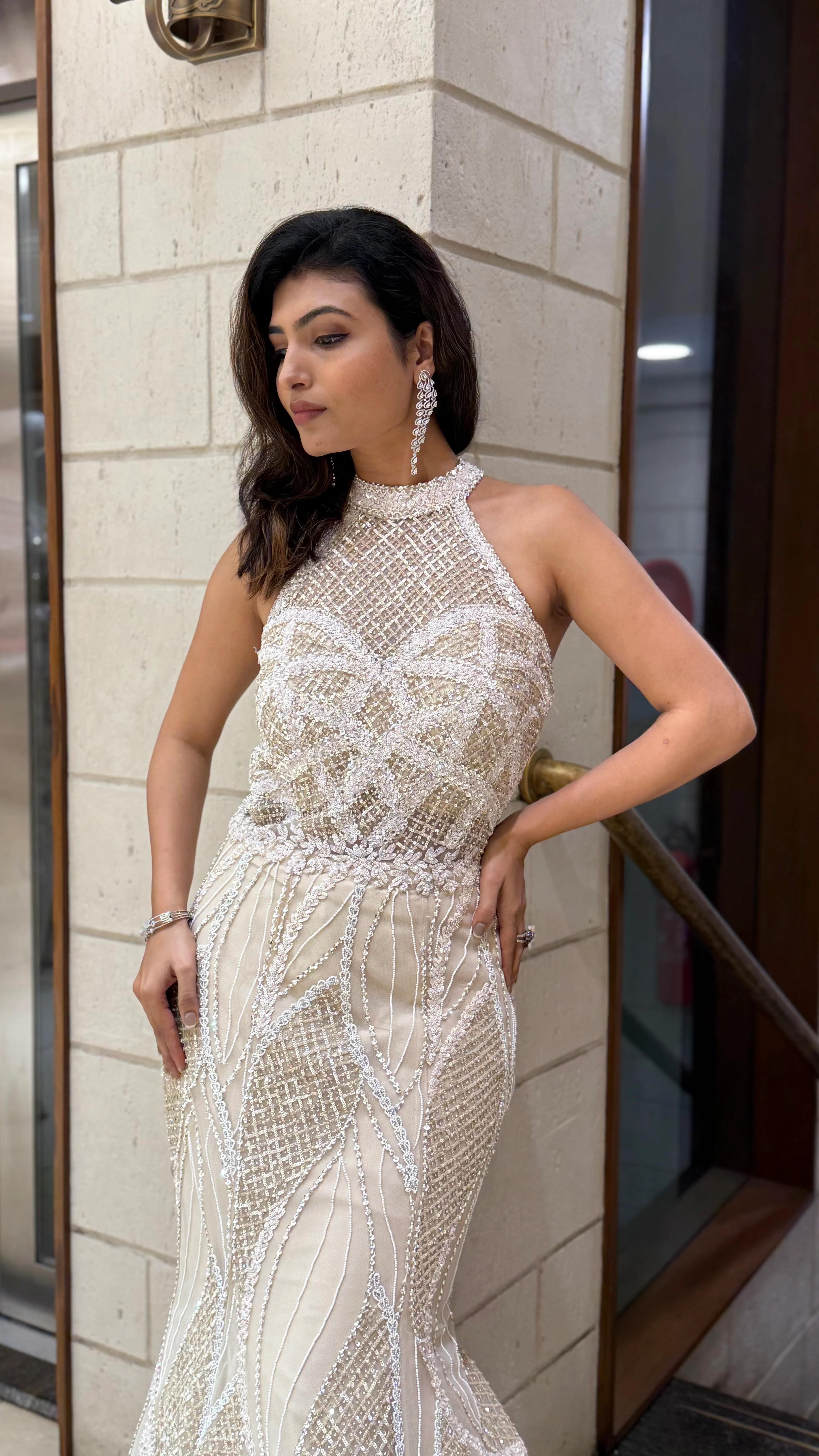 Ivory Champagne Sequin Fish Cut Mermaid Gown with Halter Neck - Image 4