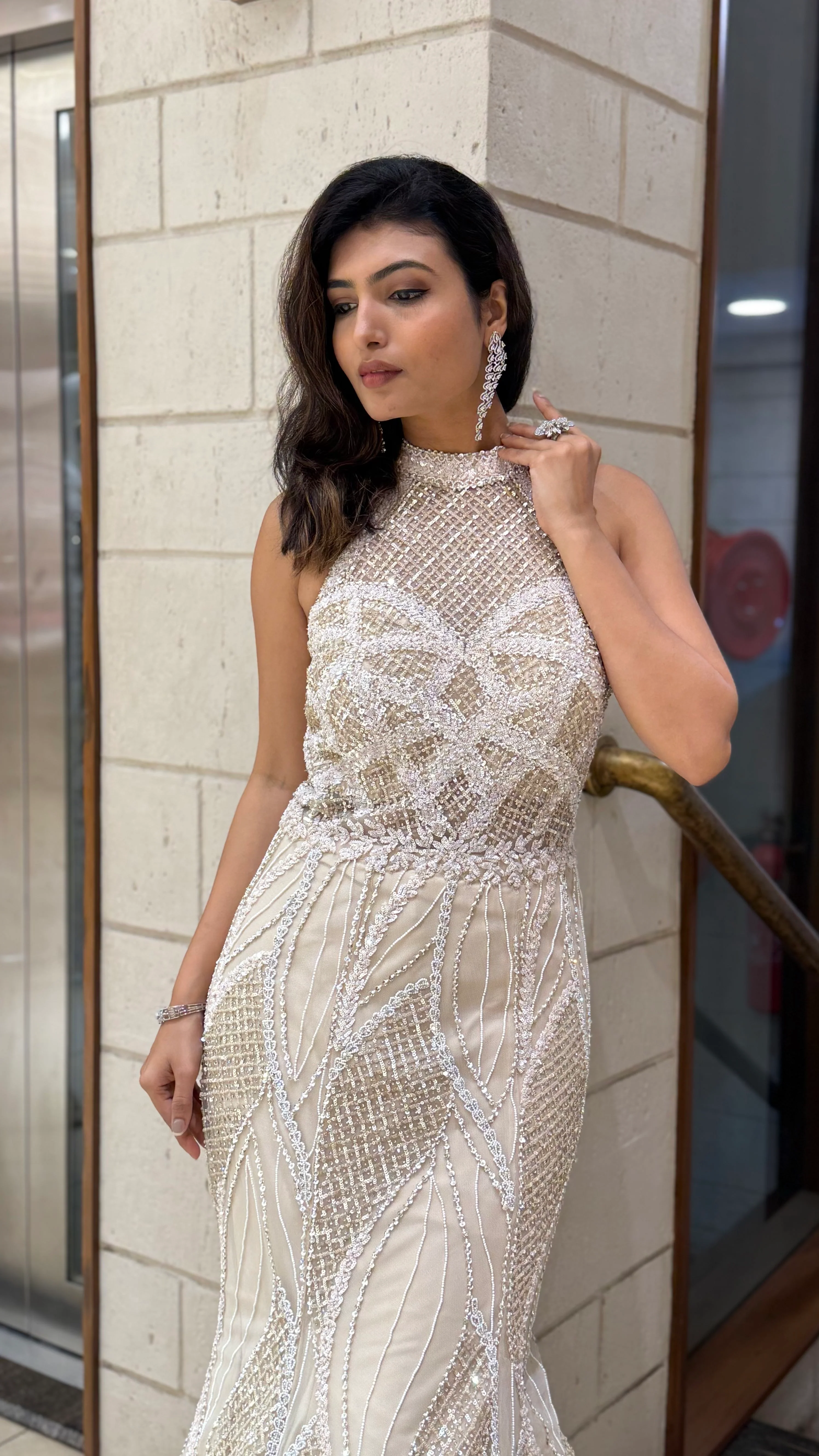 Ivory Champagne Sequin Fish Cut Mermaid Gown with Halter Neck - Image 5