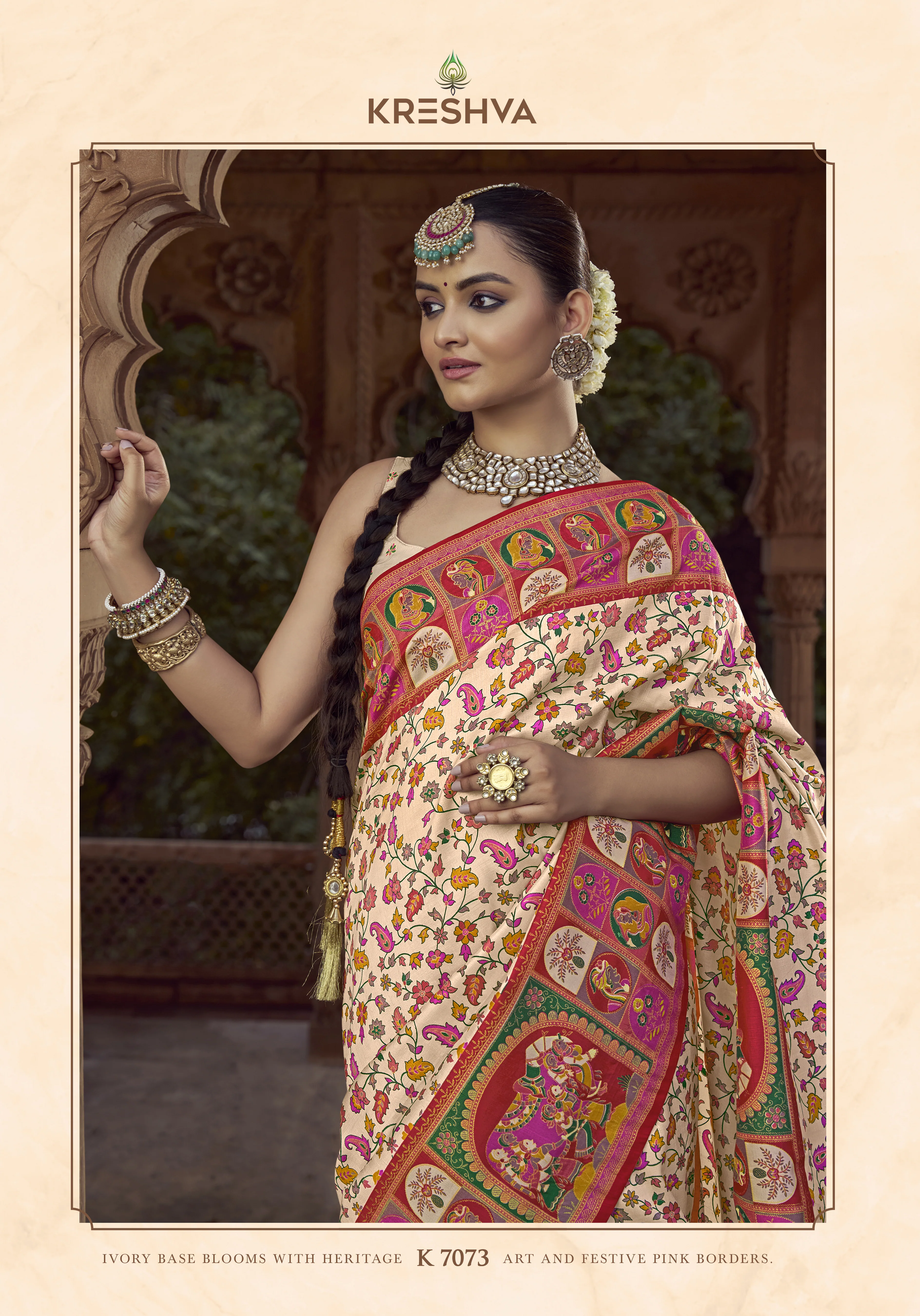 Ivory Cream Heritage Pashmina Printed Saree with Pink Border & Traditional Motifs - Image 3