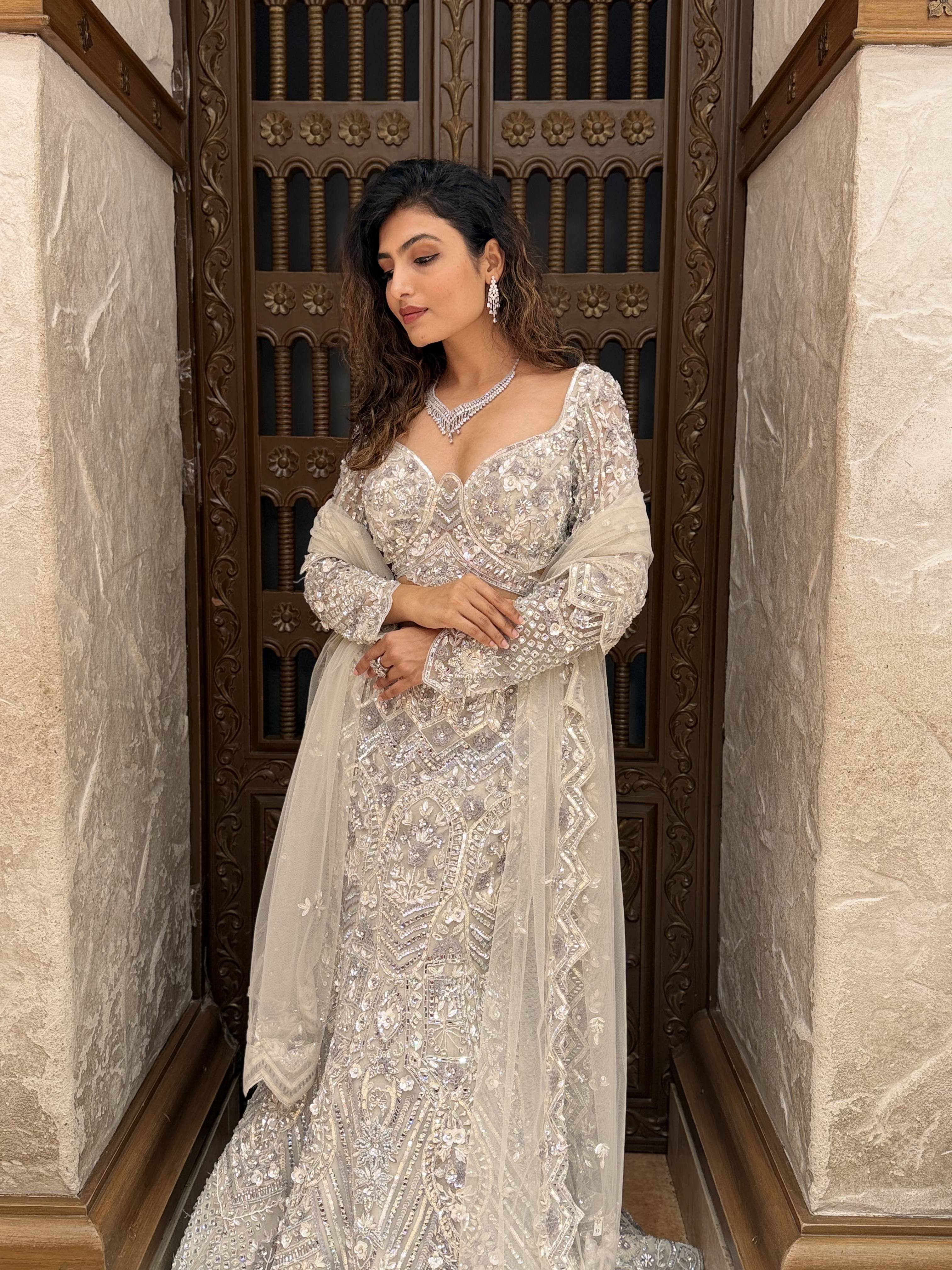Ivory Crystal Embroidered Designer Lehenga Set with Dupatta - Image 2
