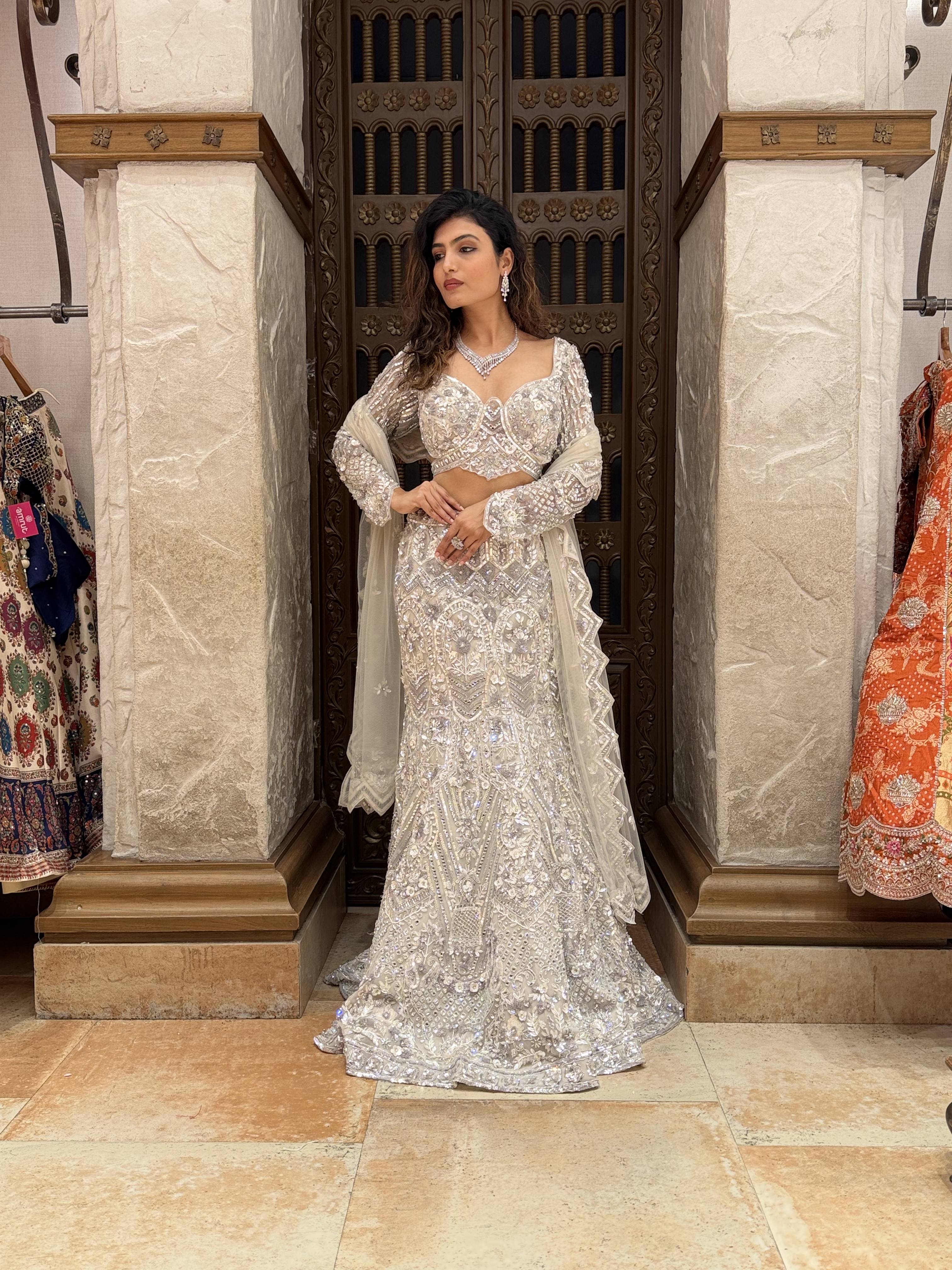 Ivory Crystal Embroidered Designer Lehenga Set with Dupatta - Image 3