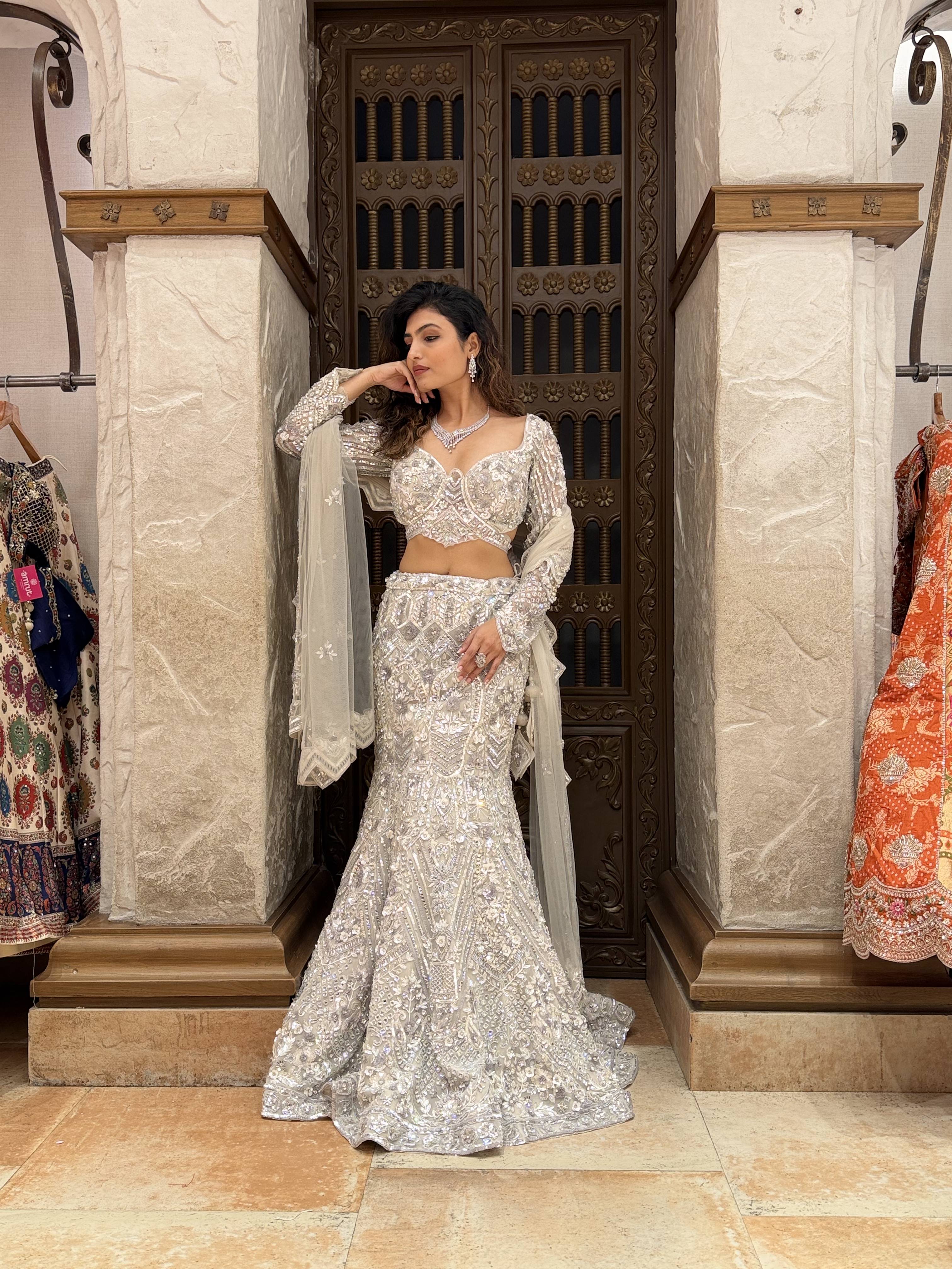Ivory Crystal Embroidered Designer Lehenga Set with Dupatta - Image 4