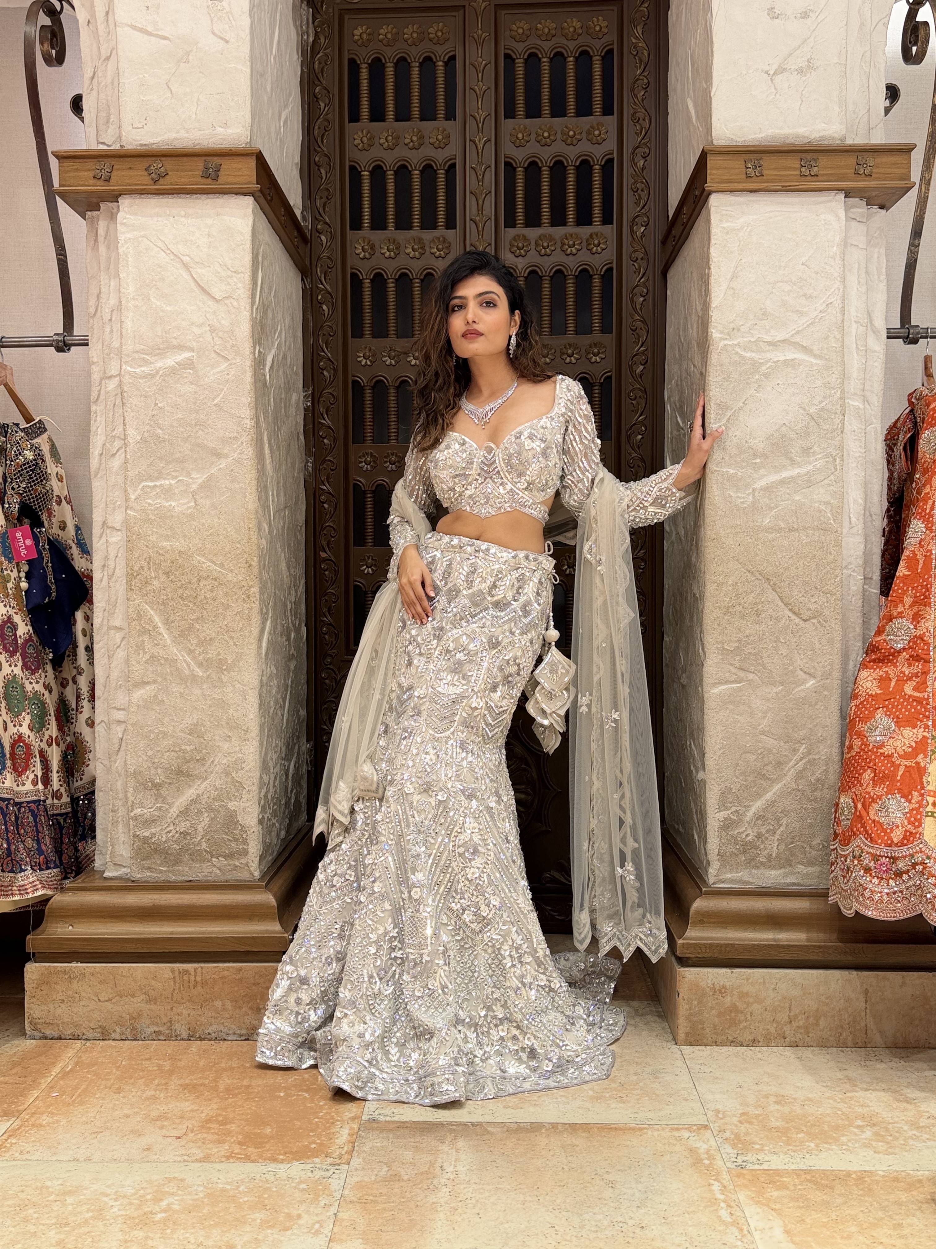 Ivory Crystal Embroidered Designer Lehenga Set with Dupatta - Image 5