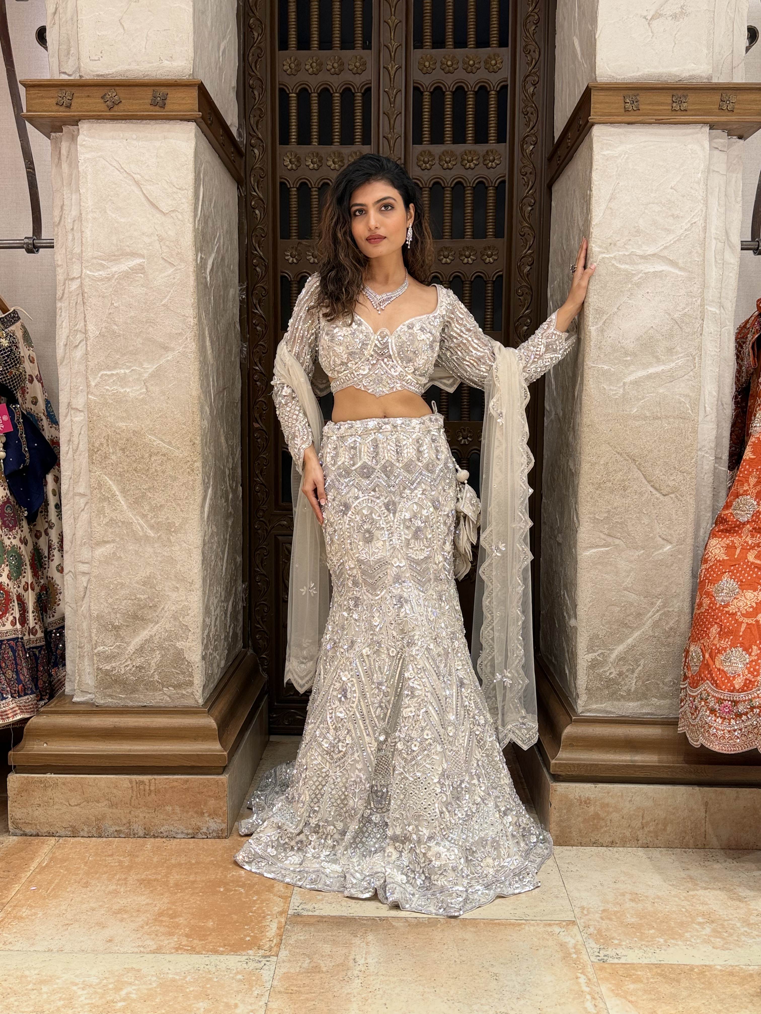 Ivory Crystal Embroidered Designer Lehenga Set with Dupatta - Image 6