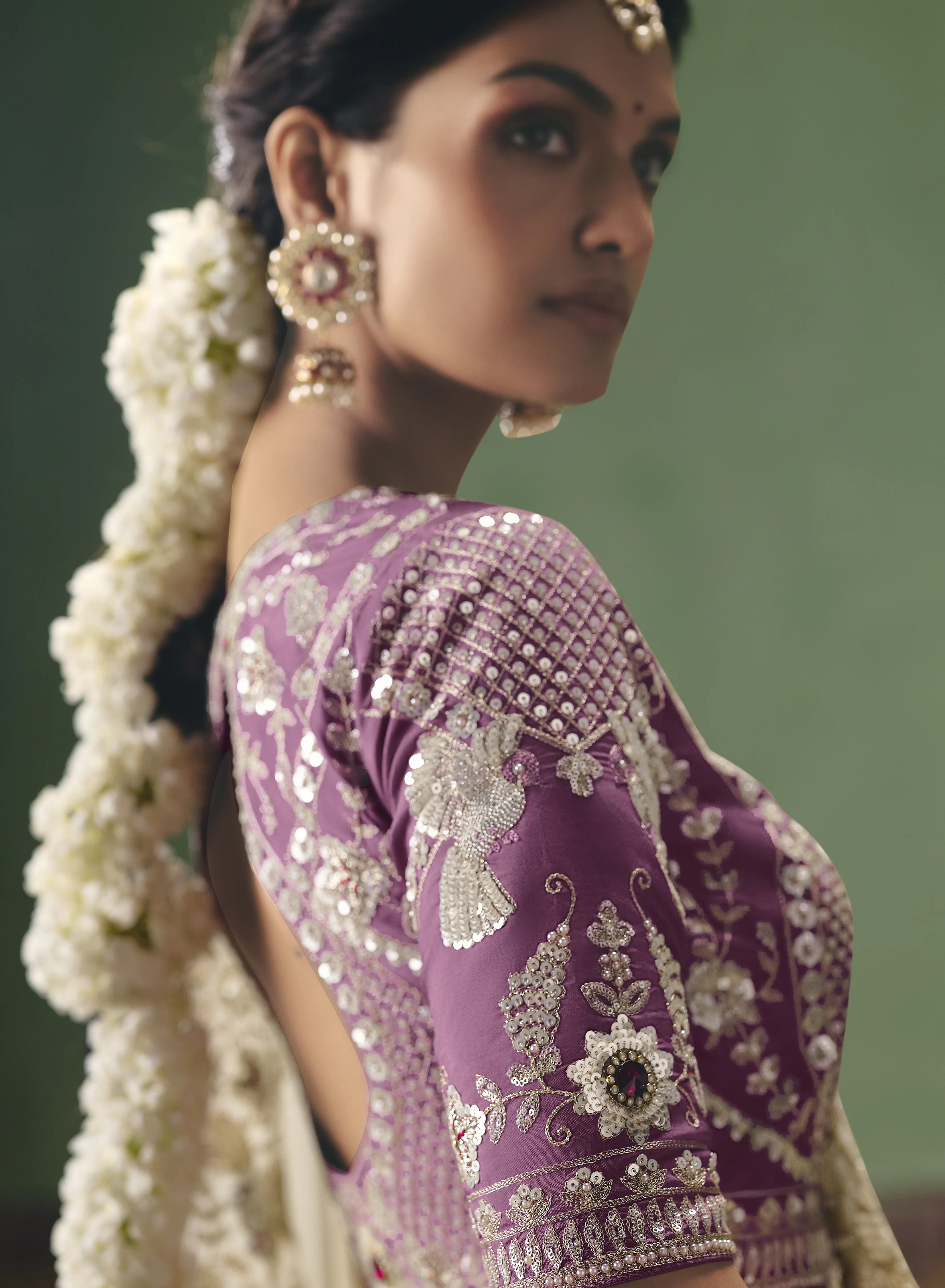 Ivory Designer Embroidered Saree with Contrast Blouse - Image 2