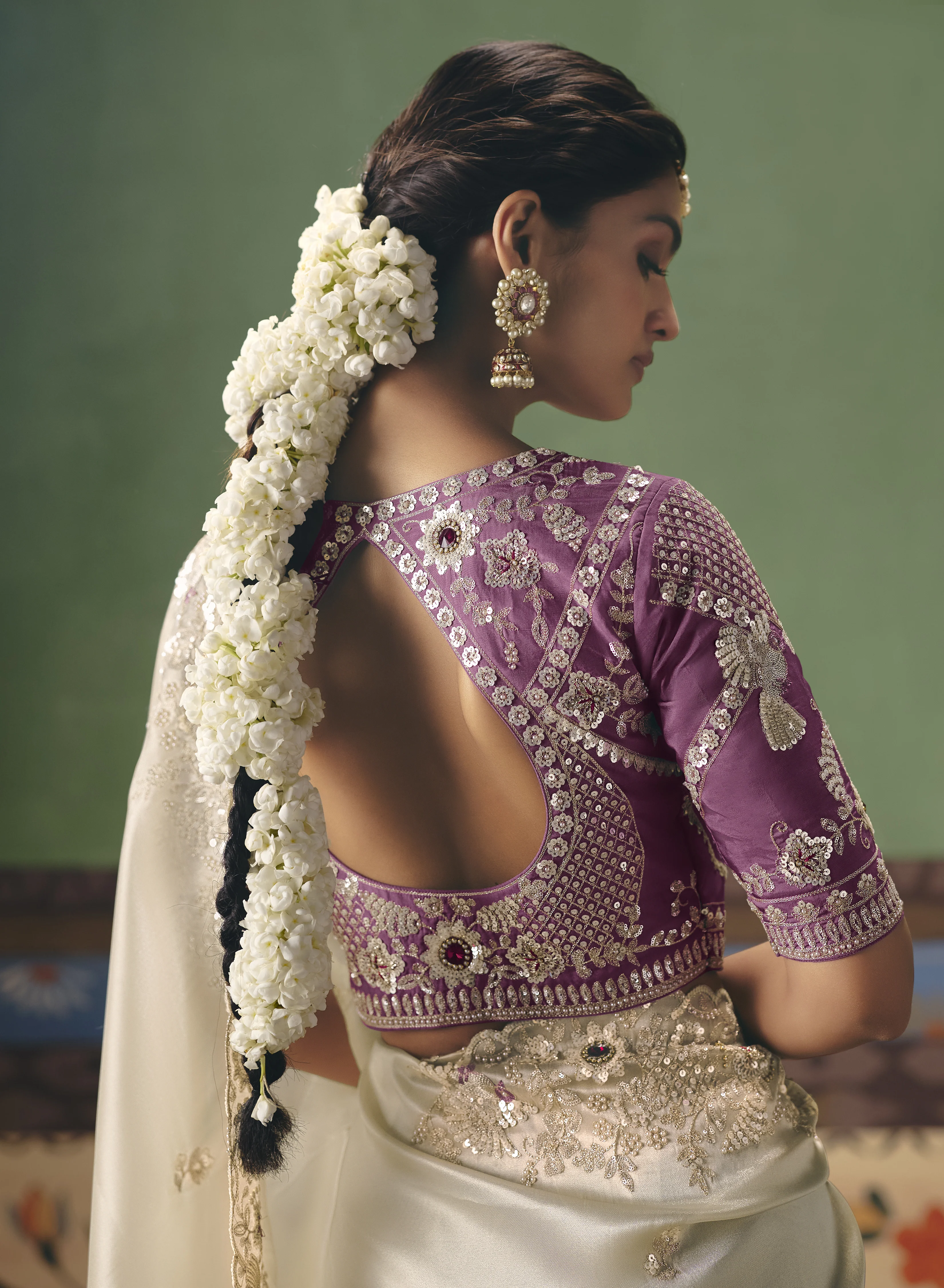Ivory Designer Embroidered Saree with Contrast Blouse - Image 3