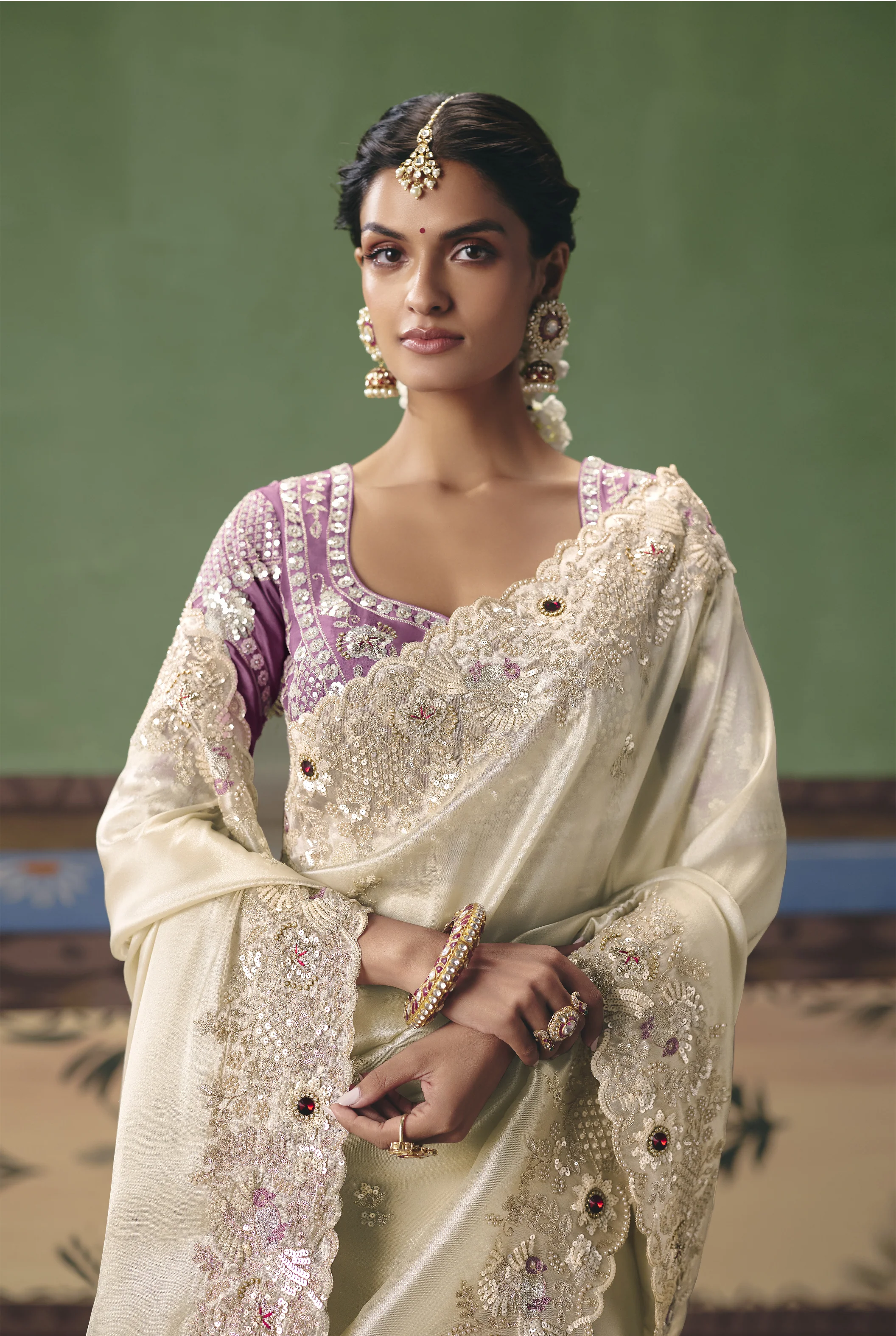 Ivory Designer Embroidered Saree with Contrast Blouse - Image 4