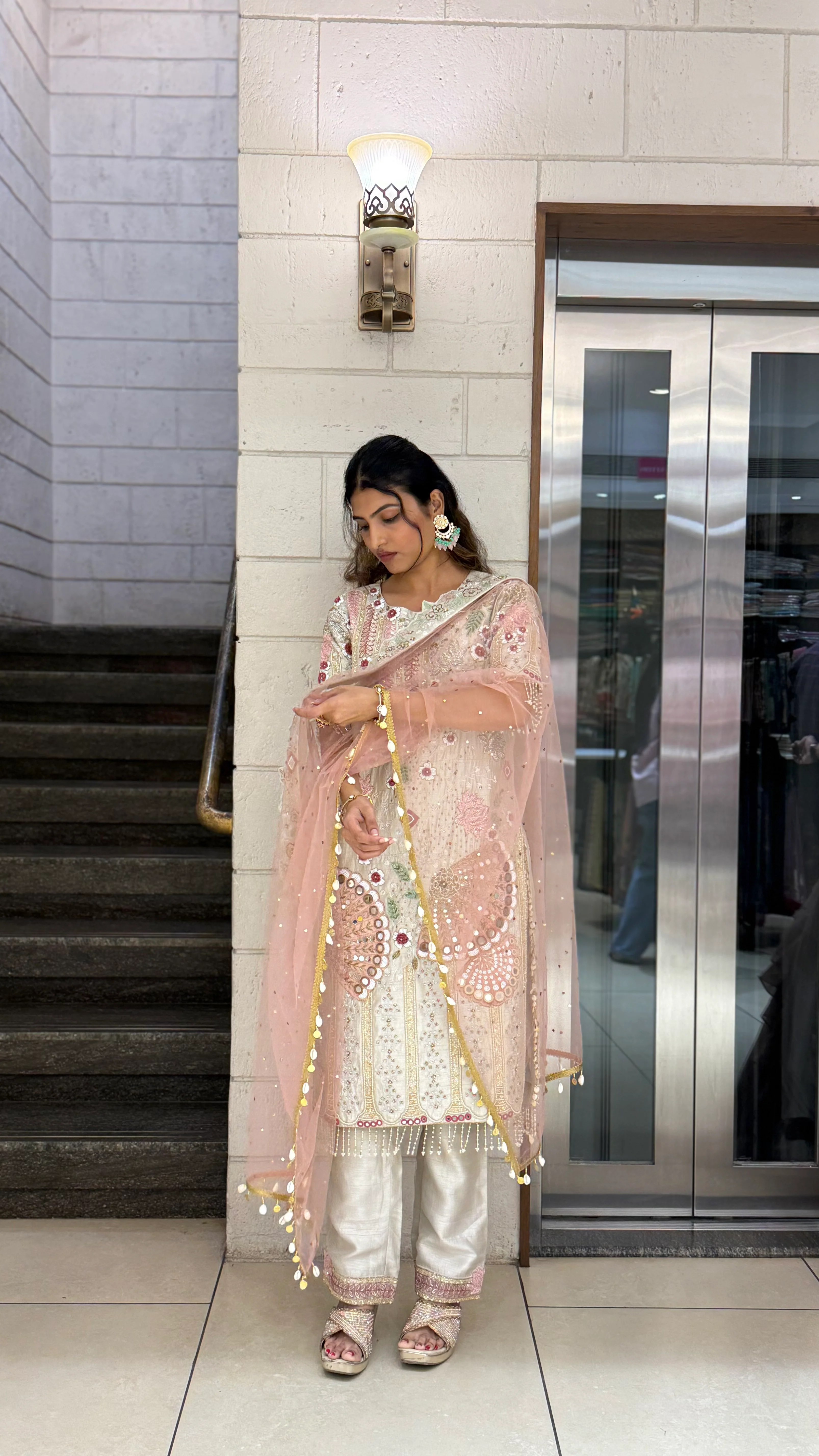 Ivory Designer Kurta Set with Multicolor Embroidery & Peach Dupatta - Image 5