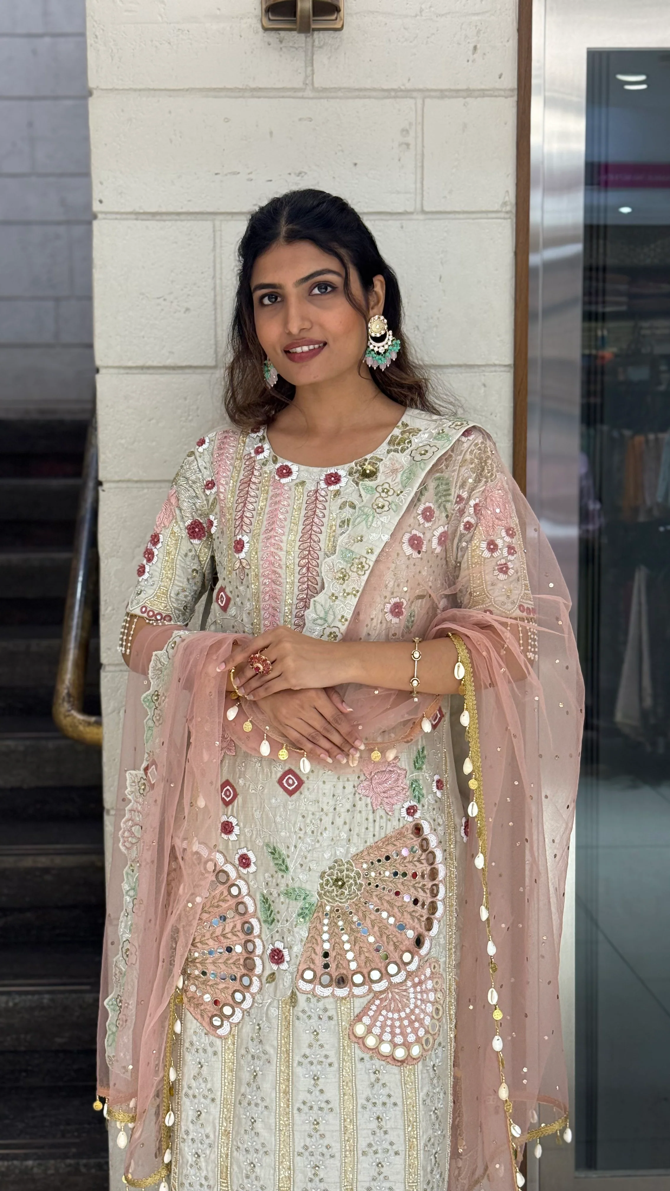 Ivory Designer Kurta Set with Multicolor Embroidery & Peach Dupatta - Image 6