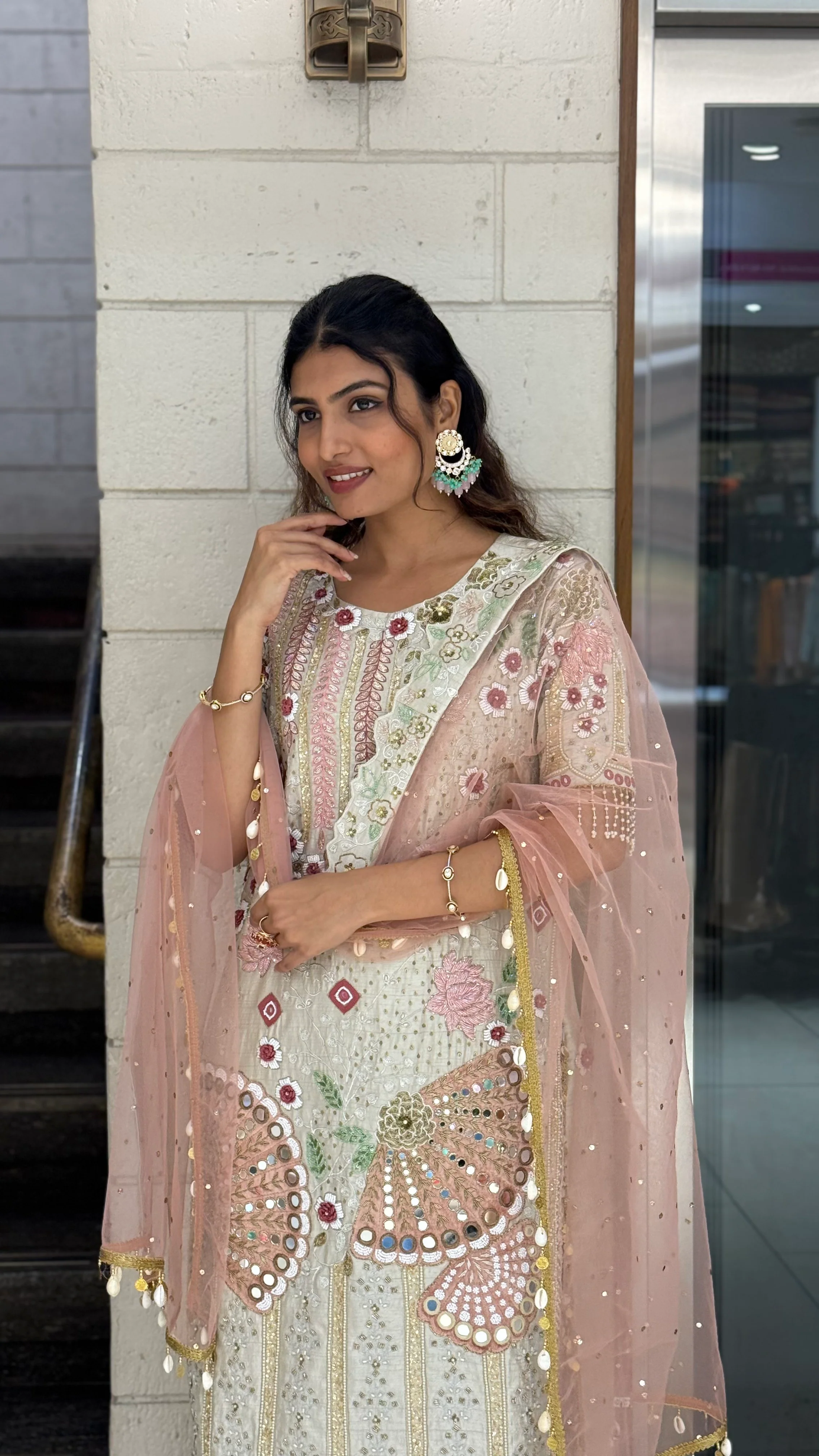 Ivory Designer Kurta Set with Multicolor Embroidery & Peach Dupatta - Image 8