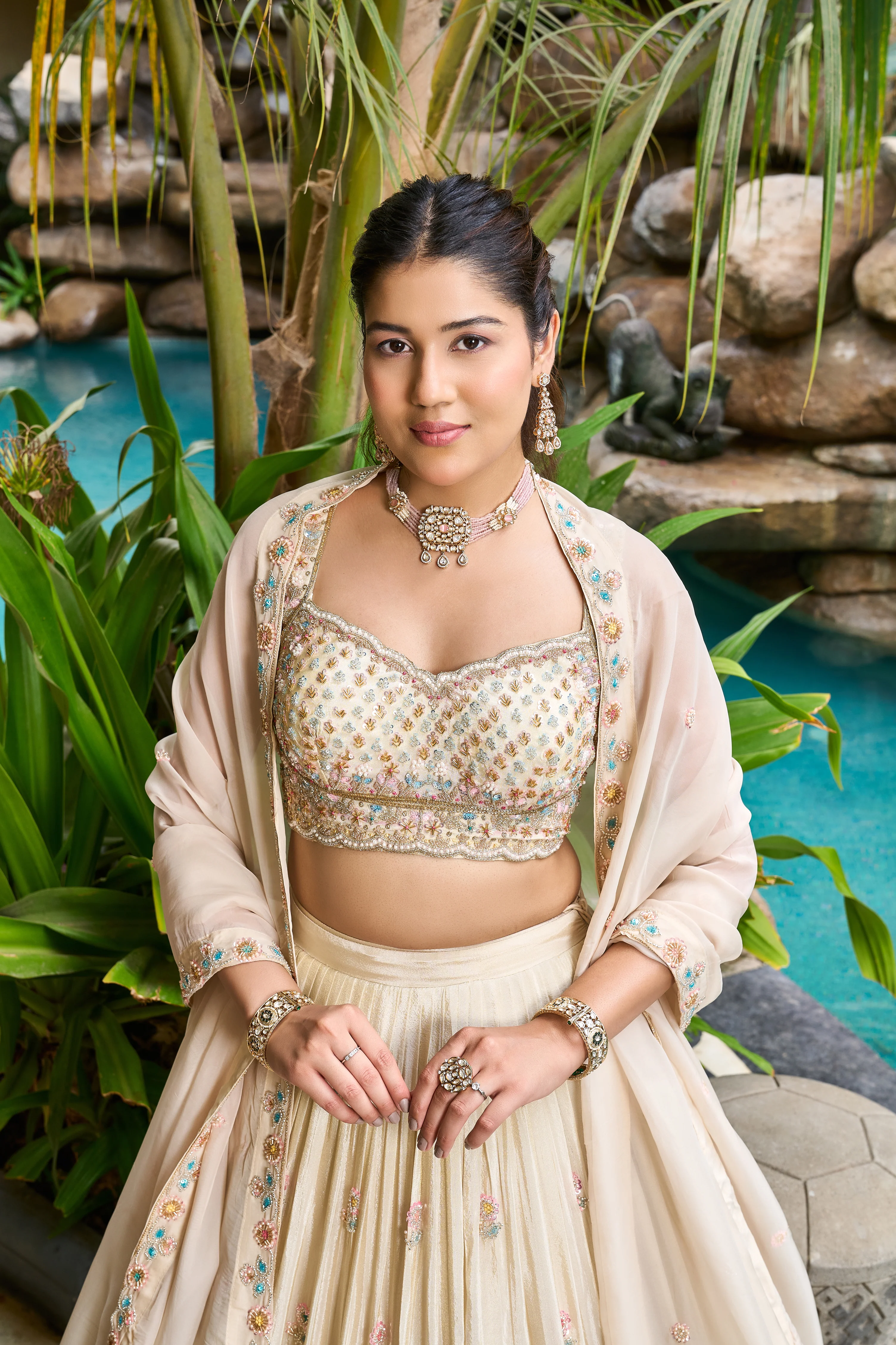 Ivory Designer Lehenga Set with Pastel Embroidery & Elegant Dupatta - Image 2