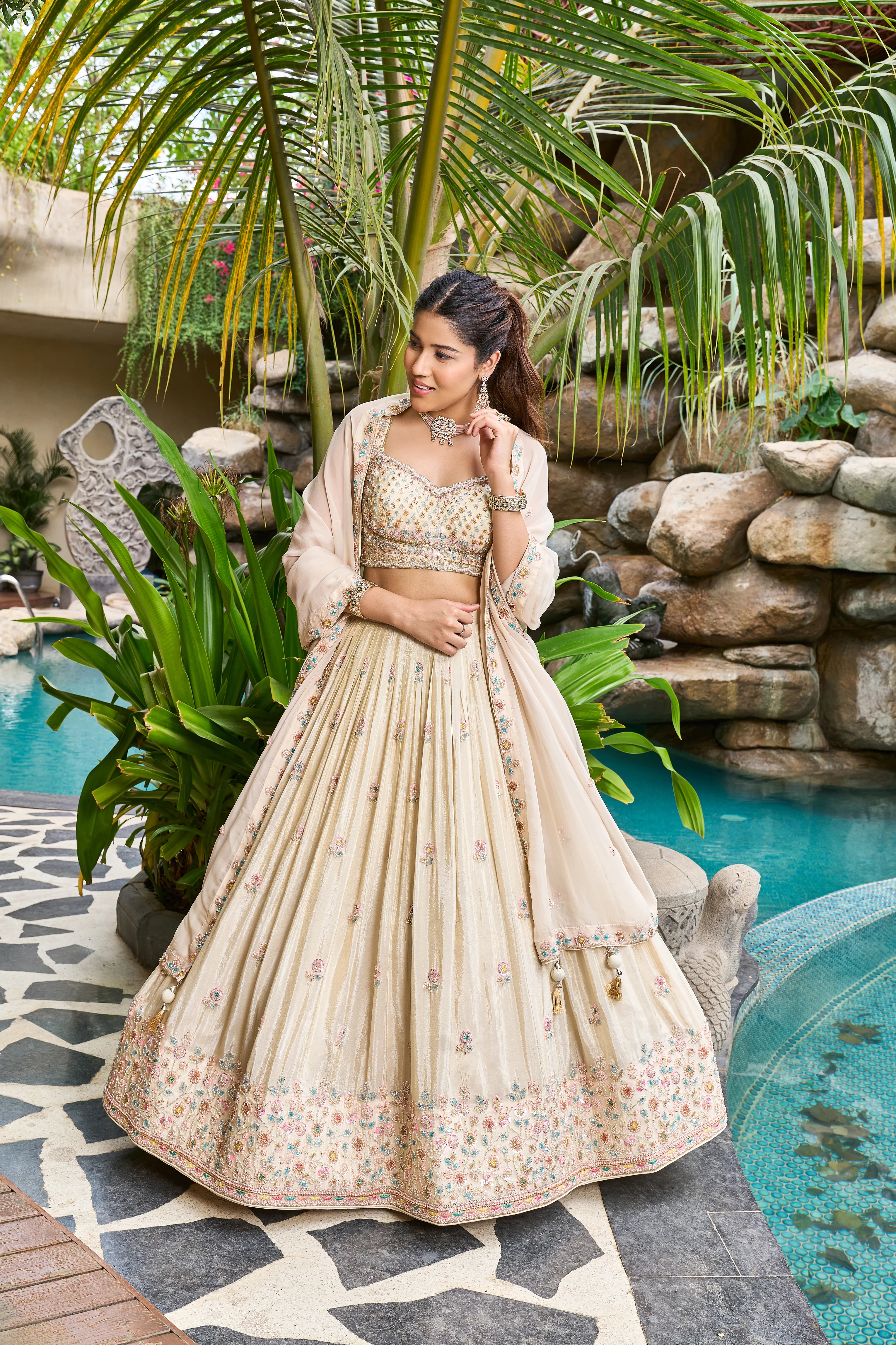 Ivory Designer Lehenga Set with Pastel Embroidery & Elegant Dupatta - Image 3